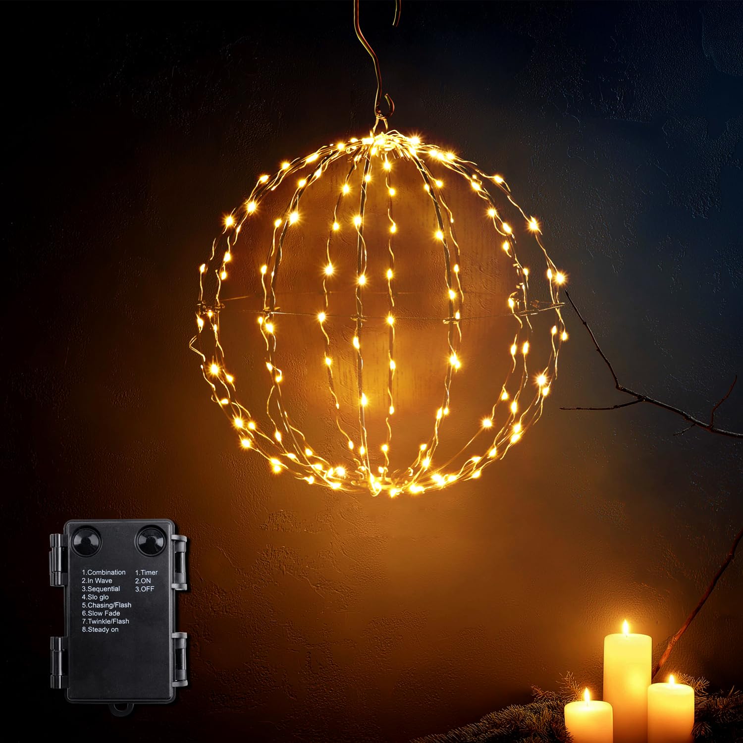 DA LIGHT Outdoor Battery Operated Garland - Hanging LED Balls Ø30cm/140 LEDs - 8 Timer Modes - Warm White IP44 - Garden/Balcony/Party/Indoor