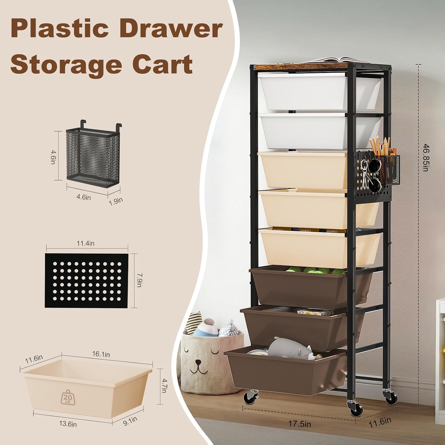 Rolling Cart with Drawers, Rolling Storage Cart with Large Plastic Drawers & Wooden Tabletop, Utility Cart with Pegboards & Basket, Storage Drawers Cart for Living Room, Classroom, Bedroom, Office image 2