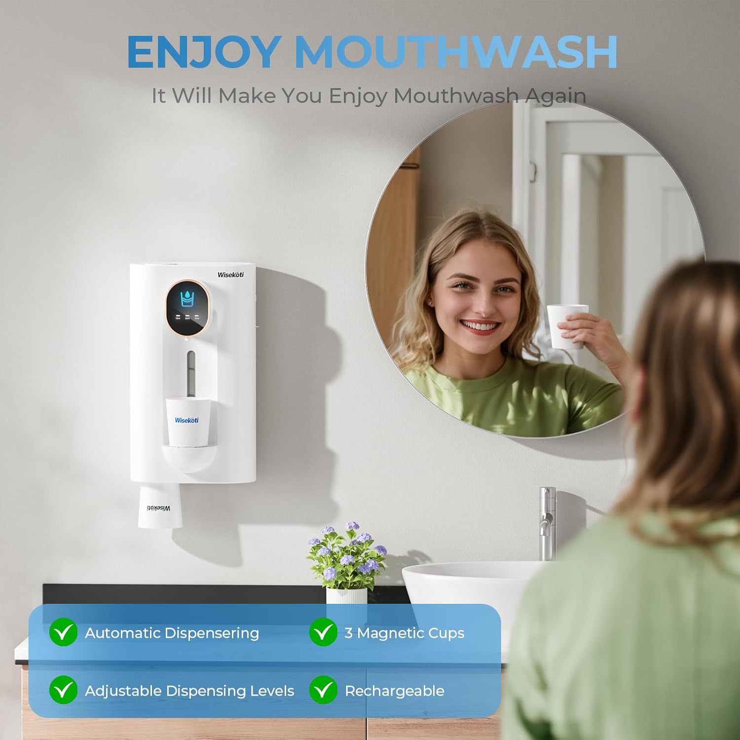 S7 Automatic Mouthwash Dispenser Touchless for Bathroom, Smart Electric Mouthwash Dispenser with 3 Magnetic Cups, Rechargeable, LED Screen Displays 3 Dispensing Amounts
