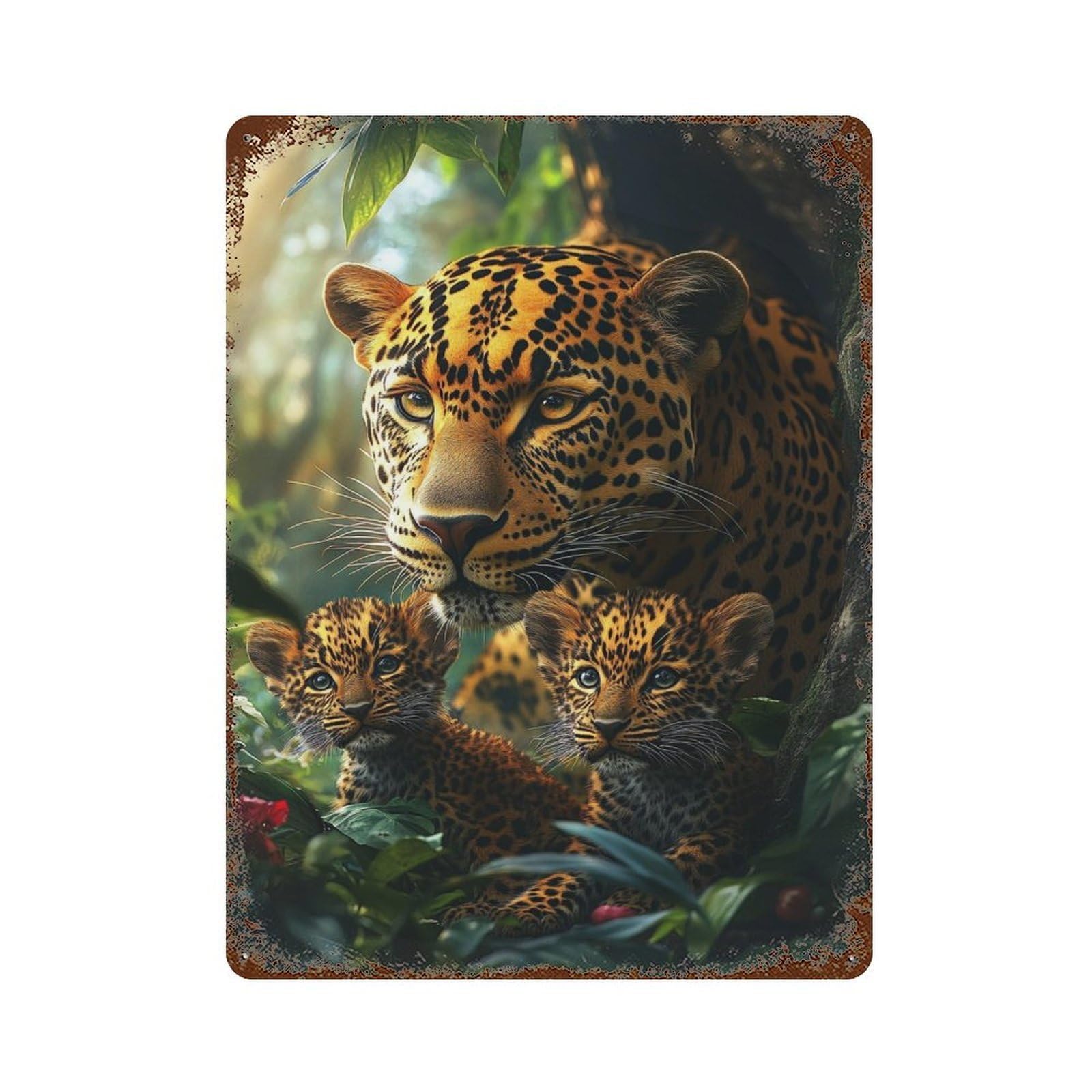 Leopard Family in Amazon Rainforest 15.7"x11.8" Retro Metal Sign, Shabby Chic Decor for Garage, Bar And Workshop Decor