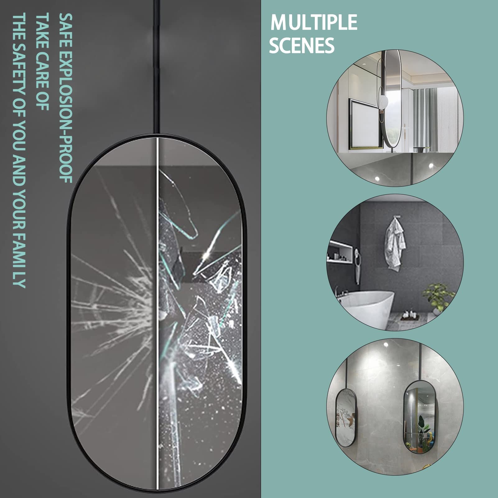Specchi da Soffitto, Specchi per Cosmetici HD da Bagno, con Cornice in Metallo Nero e Braccio per Guardaroba, Camere da Letto, Comò e Decorazioni Moderne a Tema, Ovale (Dimensioni
