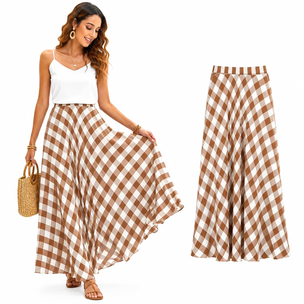 Cemssitu Women's Khaki Boho Skirts For Gingham Plaid Maxi Skirt, Flowy A-Line Elastic Waist Summer Beach Skirt (,S)