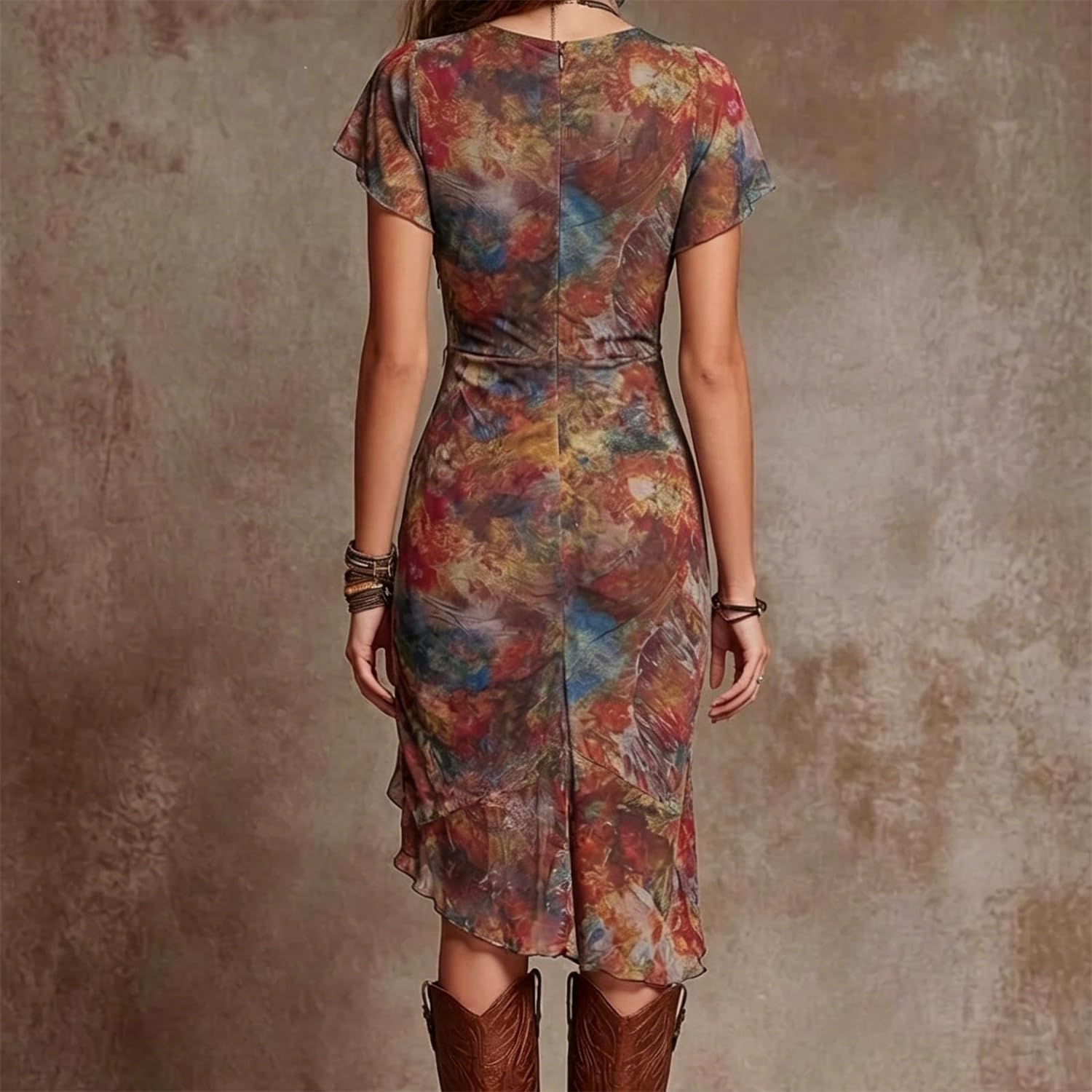 Abito Estivo Lungo da Donna: Taglio Aderente, Fantasia Floreale | Abito boho sexy da donna, scollo a V profondo, maniche a volant, design con spacco ideale per cocktail party