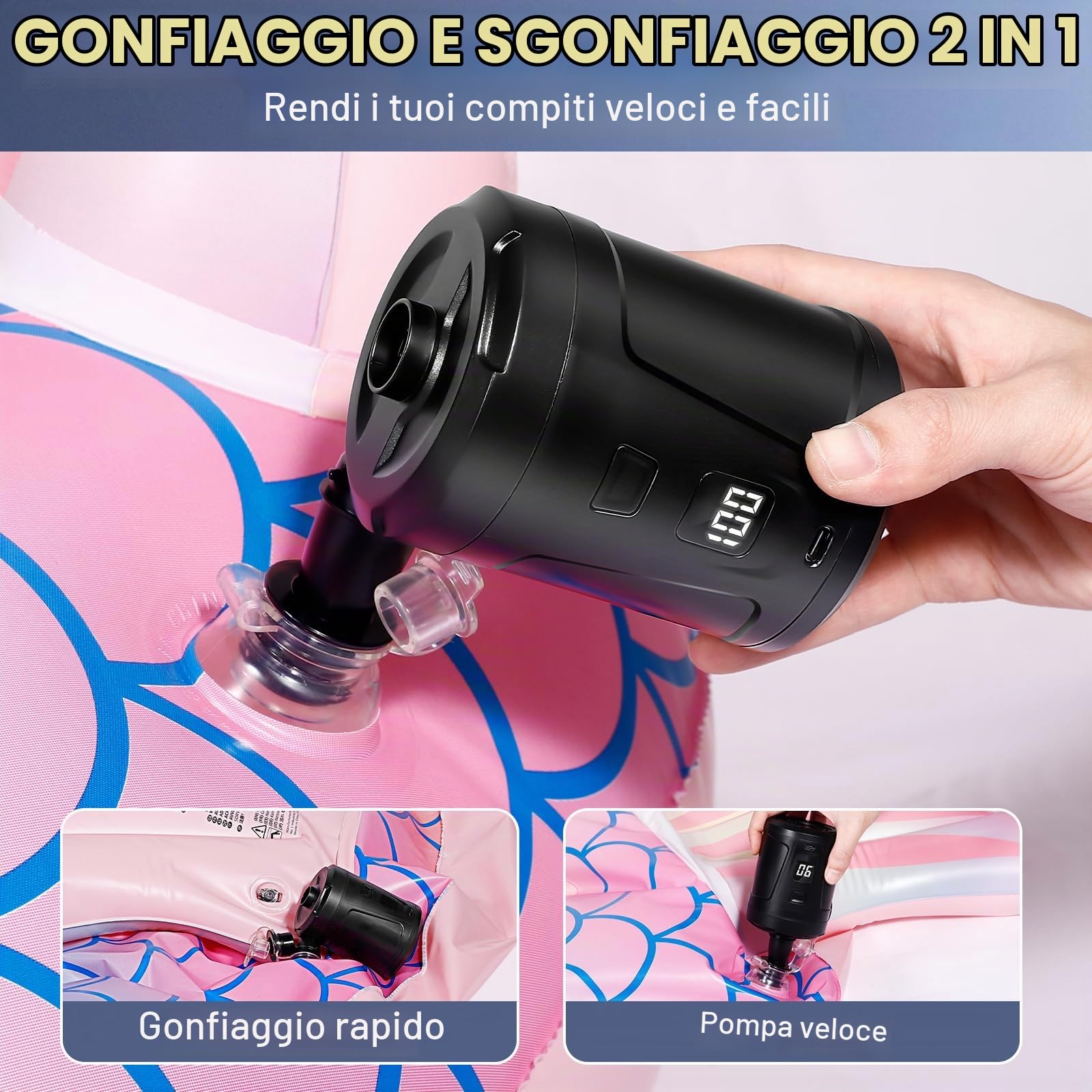 Pompa Elettrica, 5200mAh Pompa Elettrica Portatile, Gonfiaggio e Sgonfiaggio Rapido, Gonfiatore Elettrico con 4 Ugelli per Materasso Gonfiabile, Divano Gonfiabile, Piscina Gonfiabile