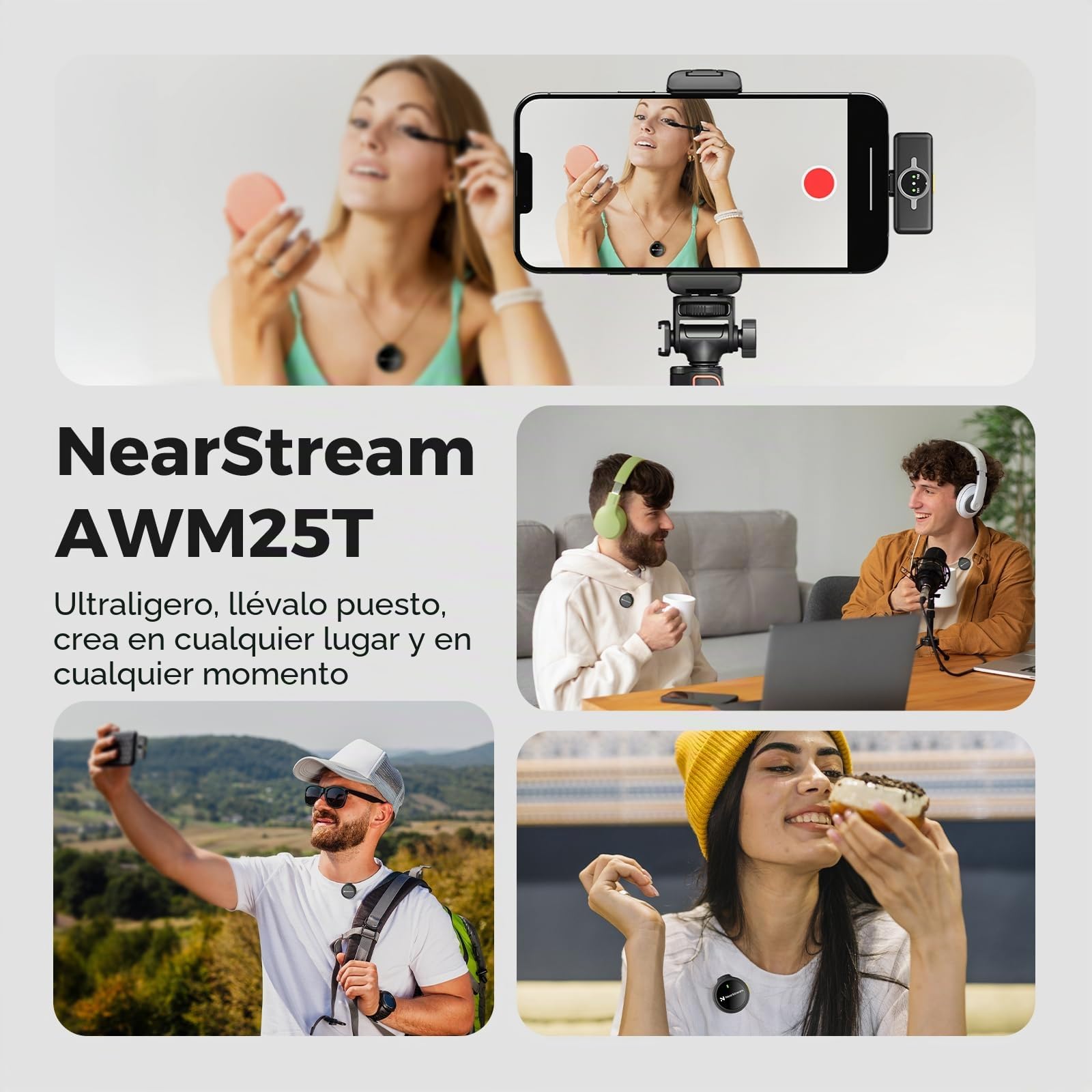 NearStream AWM25T Micrófonos Inalámbricos de Solapa para iPhone/Android/PC, Micrófono Portátil con Cancelación Inteligente de Ruido, para Streaming, Grabación de Videos y Vlog