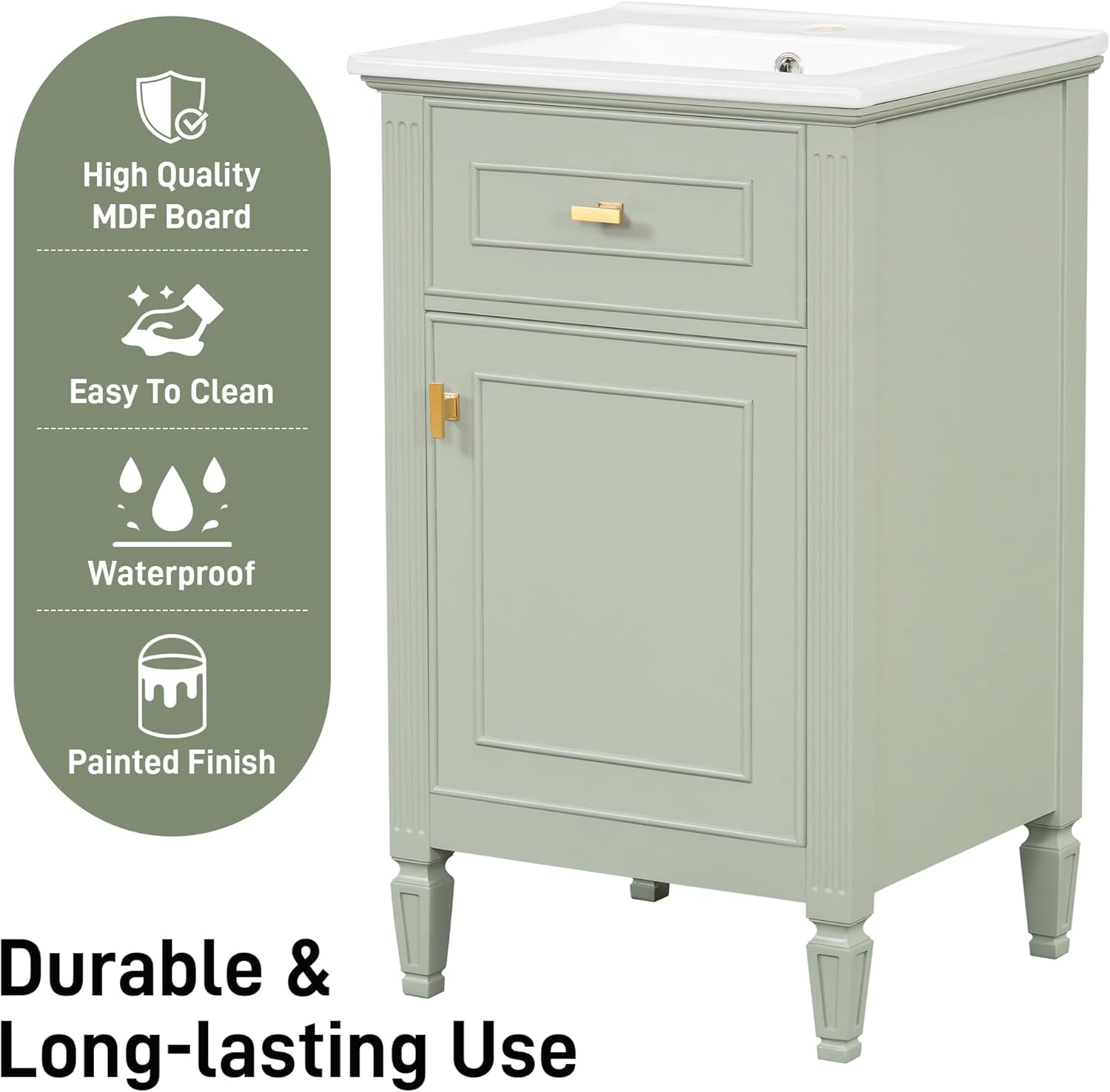 20-Inch Bathroom Vanity with Sink, Solid Wood Legs, Adjustable Shelf, Tilt-Out Drawer, Zinc Alloy Knobs, Modern Freestanding Cabinet for Small Bathroom,Green