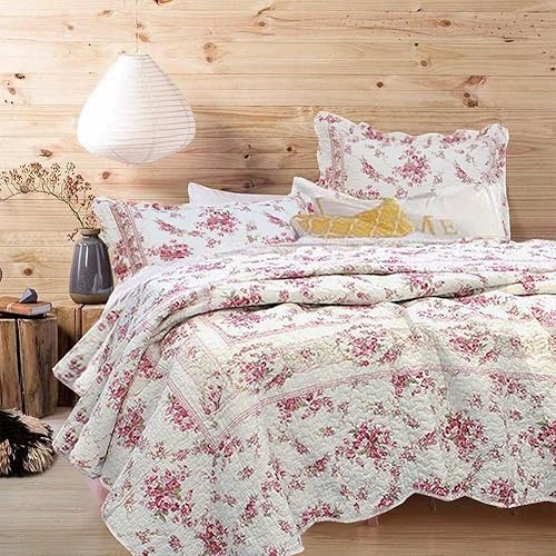 Cozy Line Home Fashions Juego de ropa de cama de 3 piezas con estampado floral rosa vintage colcha reversible de 100  algodón rosa Queen 3 piezas