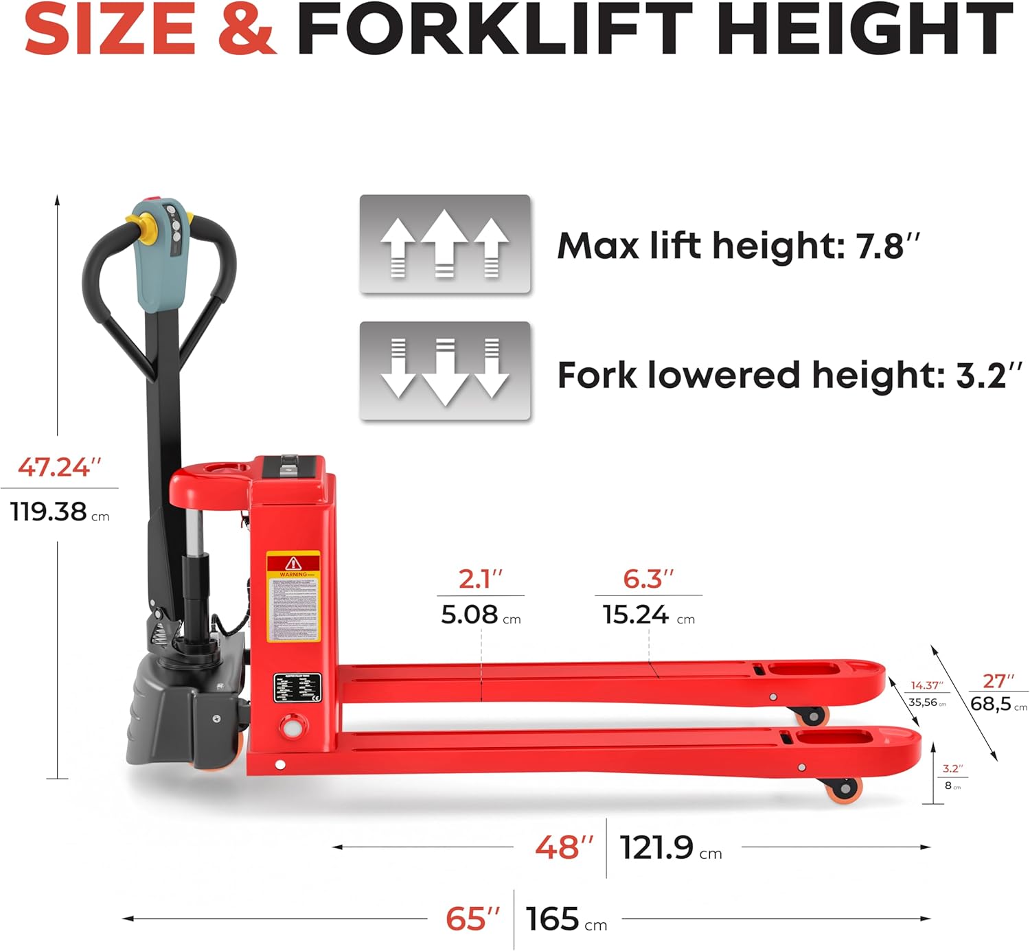 Diagram showing the dimensions and lift height of the TEXLIFT Electric Pallet Jack, including fork length, width, overall length, and maximum lift height of 7.8 inches.
