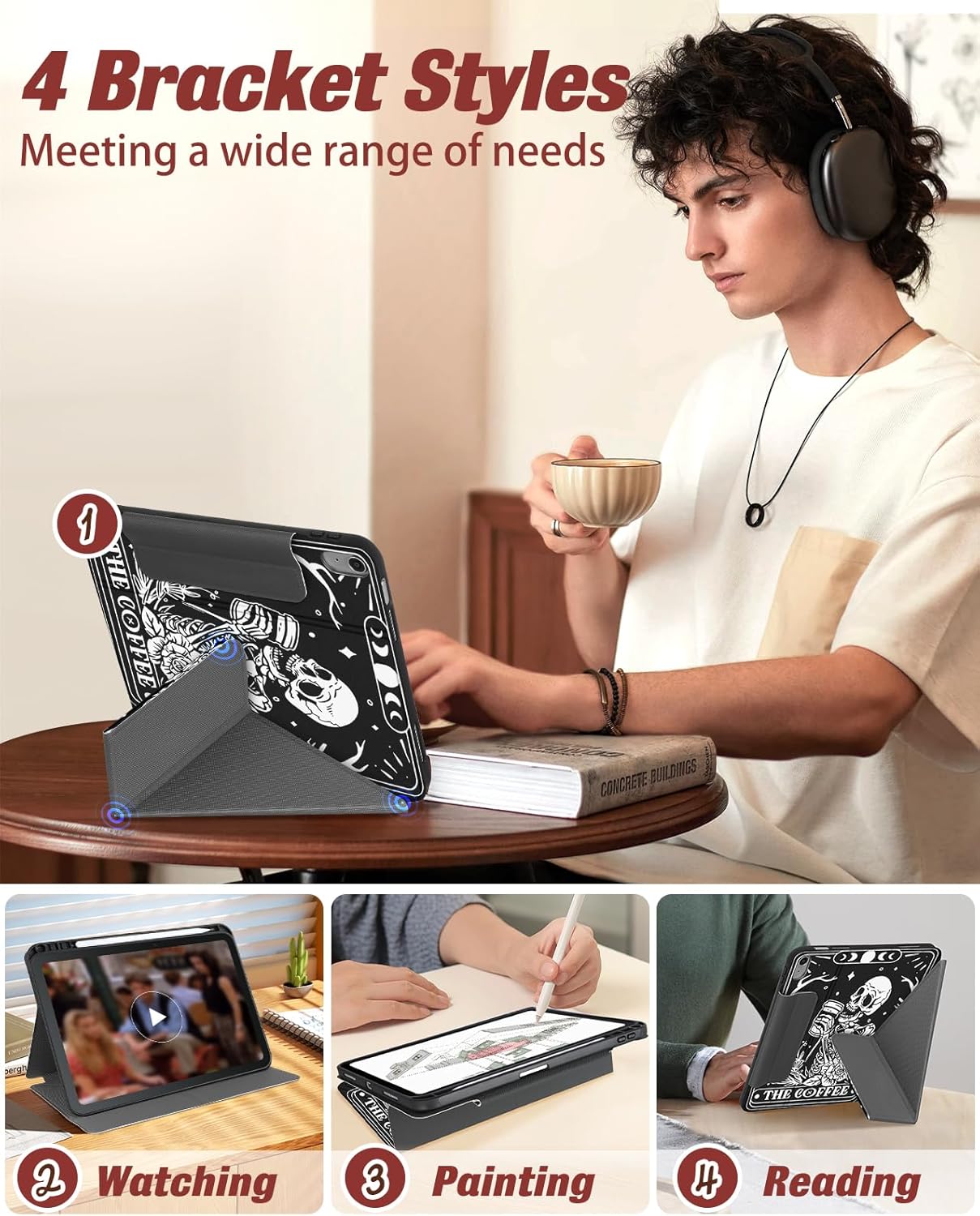 Miss Adola for iPad A16 Case/10th Generation Case - 10.9 Inch 2022 Tablet Cover with Pen Holder for Women Boys Girls Men Cute Cartoon Cool Funny Funda for iPad 11th 11 Inch 2025, Coffee Skull