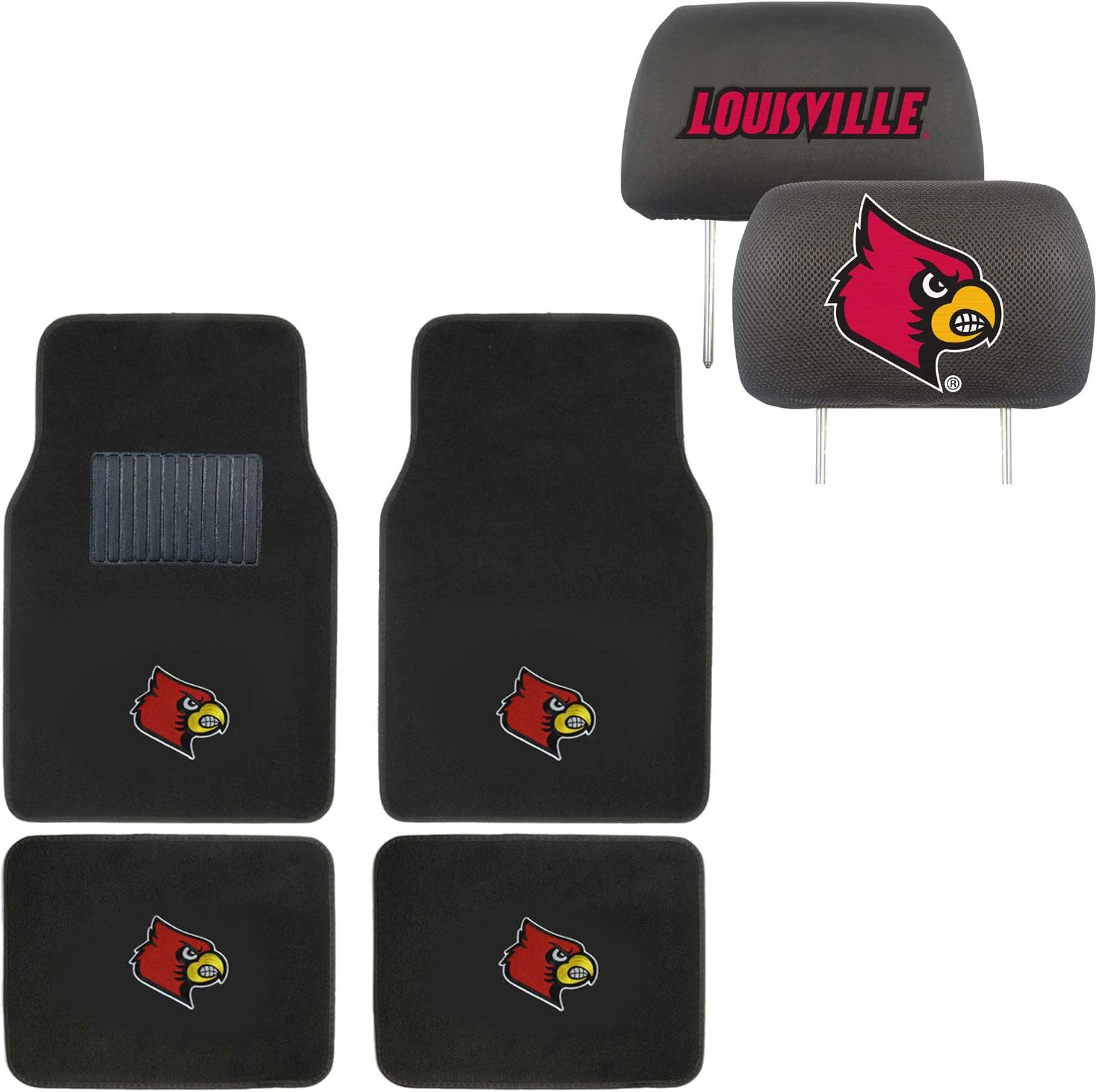 AAC FANMATS NCAA Carpet Floor Mats Bundle with Head Rests for Louisville Cardinals Fans Officially Licensed(6 Items)