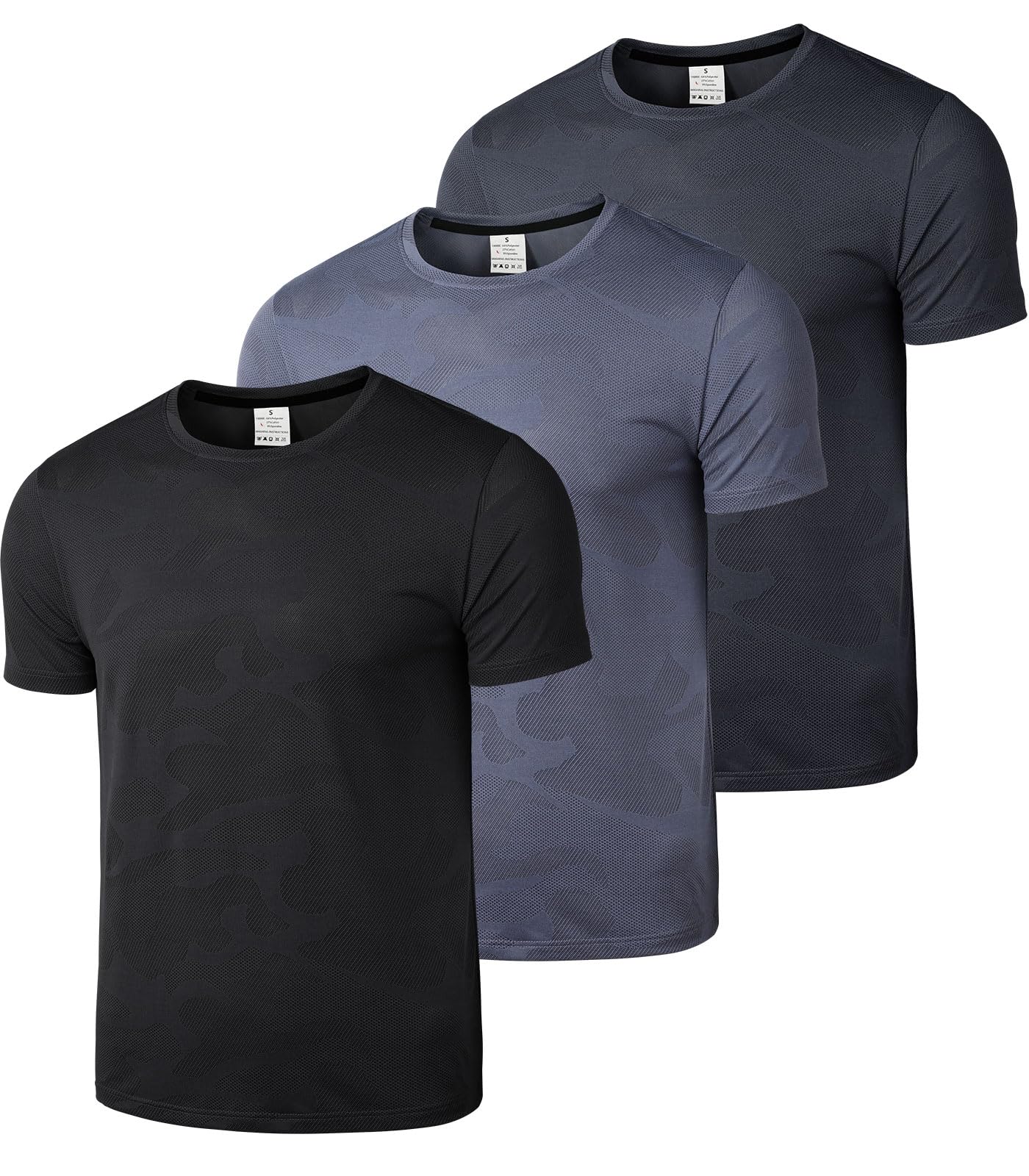 Superora Paquete de 3 camisetas deportivas para hombre, de secado rápido, para correr, entrenamiento, manga corta, malla transpirable con patrón de camuflaje jacquard