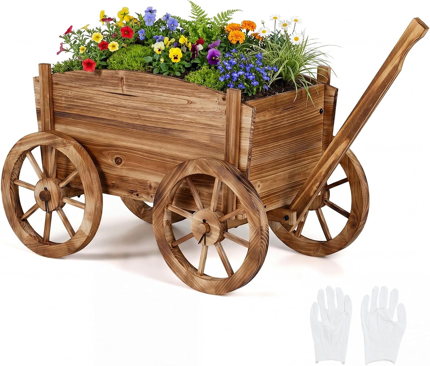 HAPPYGRILL Wood Wagon Wheelbarrow Planter, Outdoor Rolling Garden Planter Cart with 4 Wheels, Drainage Hole & Adjustable Handle, Decorative Wagon Flower Pot Stand for Home, Backyard, Patio(1)