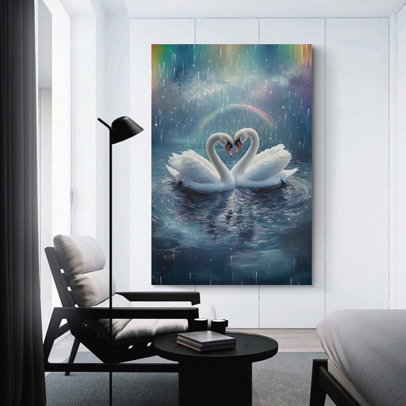 Junmoney Unframe-Style-24 Wall Picture Print Swans In Love Under Rainbow Rain, 12X18inch(30X45cm), For Contemporary Homes, Apartments Or Offices, Decorative Canvas Decor For Home Updates