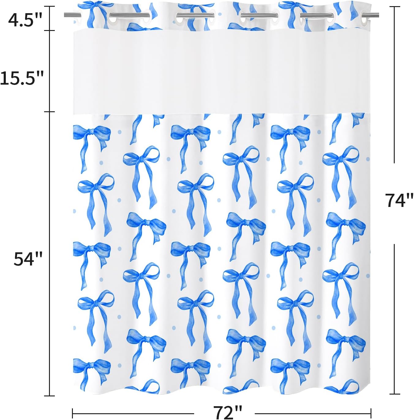 Litabel No Hook Navy Blue and White Cute Bows Shower Curtain and Liner Set, Modern Fabric Girly Shower Curtain with Snap in Liner, Chic Elegant Girls Fashion Pretty Sweet Bows, 72 x 74