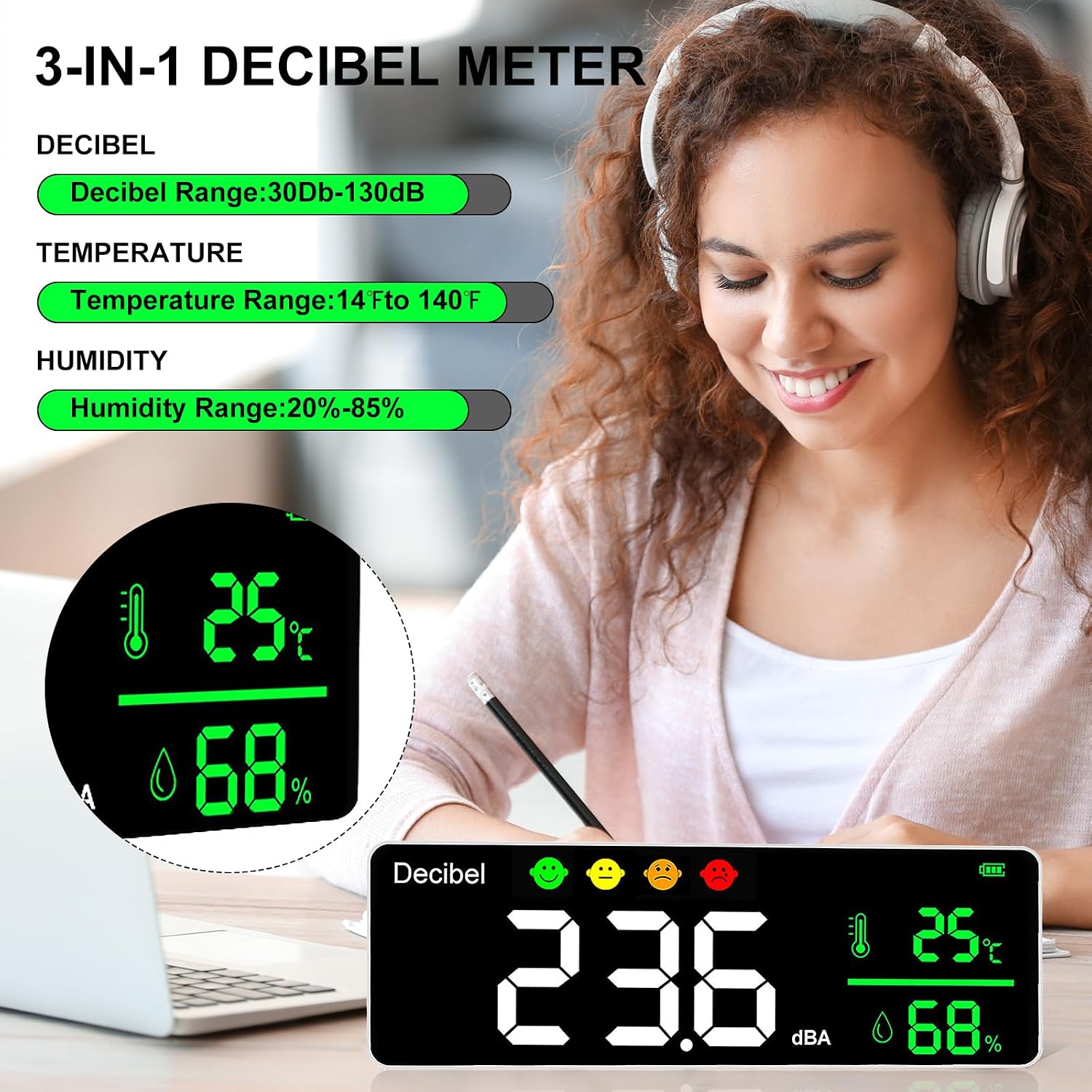 Decibel Meter Wall Hanging Sound Level Meter,5-in-1 Classroom Noise Meter Large LED Display Noise+Time+Temperature & Humidity Meter for Home, Studio, Factory, Classroom Noise Meter