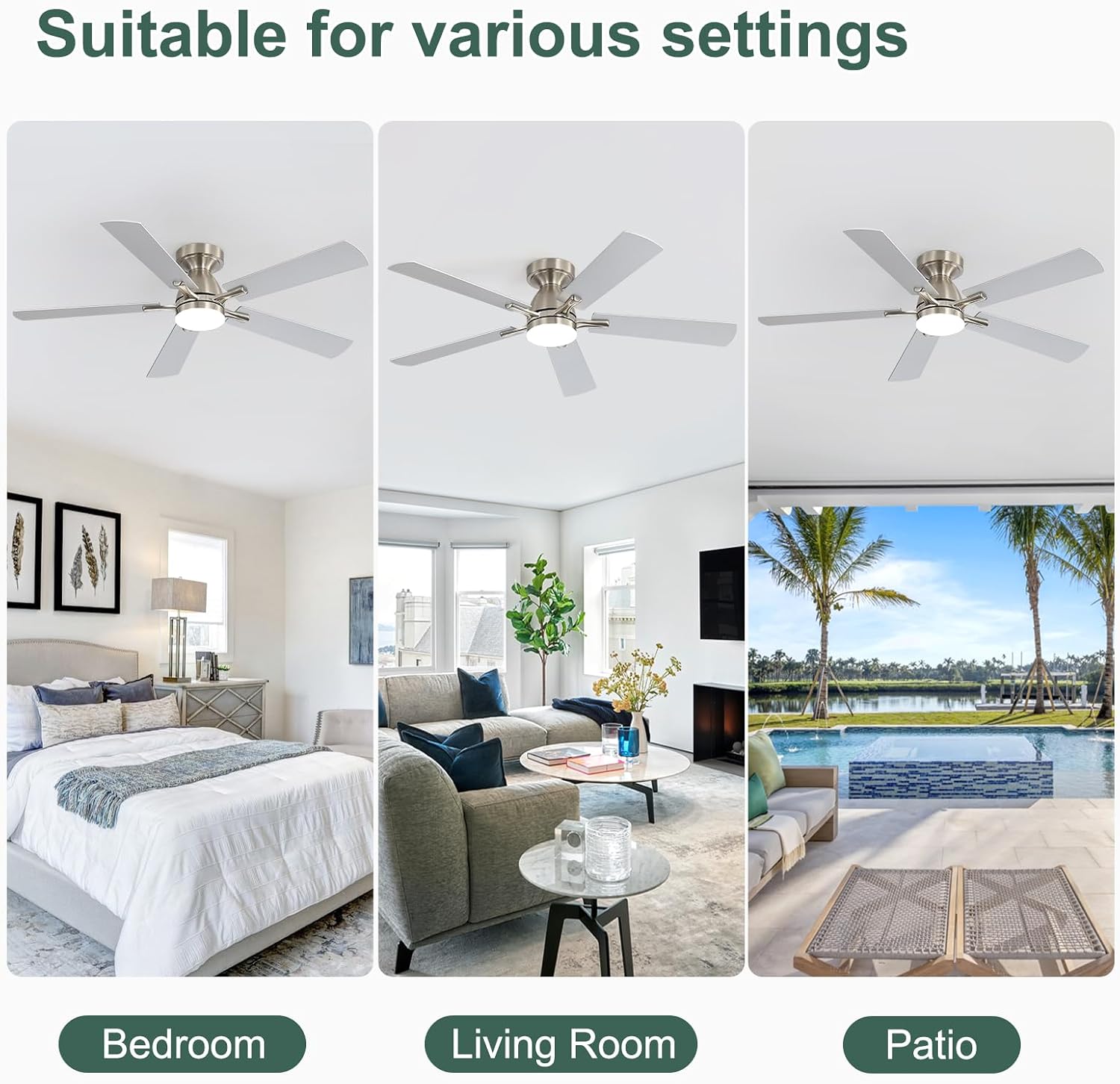 52 Inch Silver Ceiling Fan with Light,Farmhouse Silver Flush Mount Low Profile Remote Control,Dimmable LED 3 Color Temperatures,Quiet Reversible DC Motor,6 Speeds Timer for Bedroom Living Room Patio