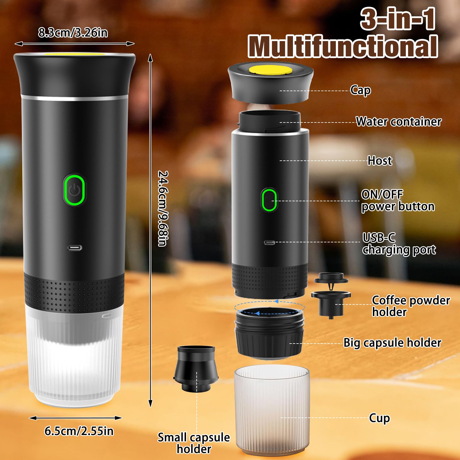 Cafetera portátil con batería, 12 V, máquina expresora de viaje para coche, mini máquina de cápsulas portátil para camping, viajes, autocalentamiento, 8 tazas, compatible con cápsulas