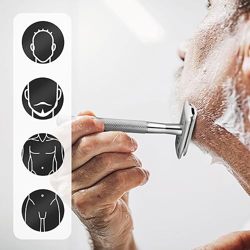 Miniatura 35 de Maquinilla de afeitar de seguridad de doble borde con mango de textura,Maquinilla de afeitar de metal para hombres y mujeres,Se adapta a todas