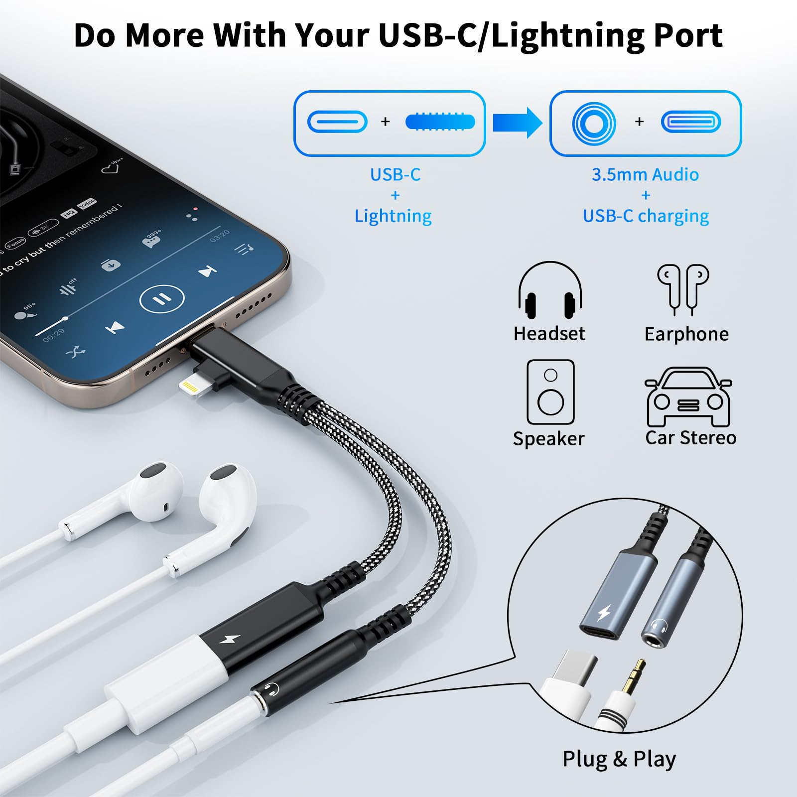 2 in 2 Lightning USBC to 3.5mm Headphone and Charger Adapter, [MFi Certified] USB C to Aux Audio Jack with PD 60W Fast Charging Dongle, Headphone Adapter for iPhone 16/15 14/13 Pro Max, Galaxy, Pixel