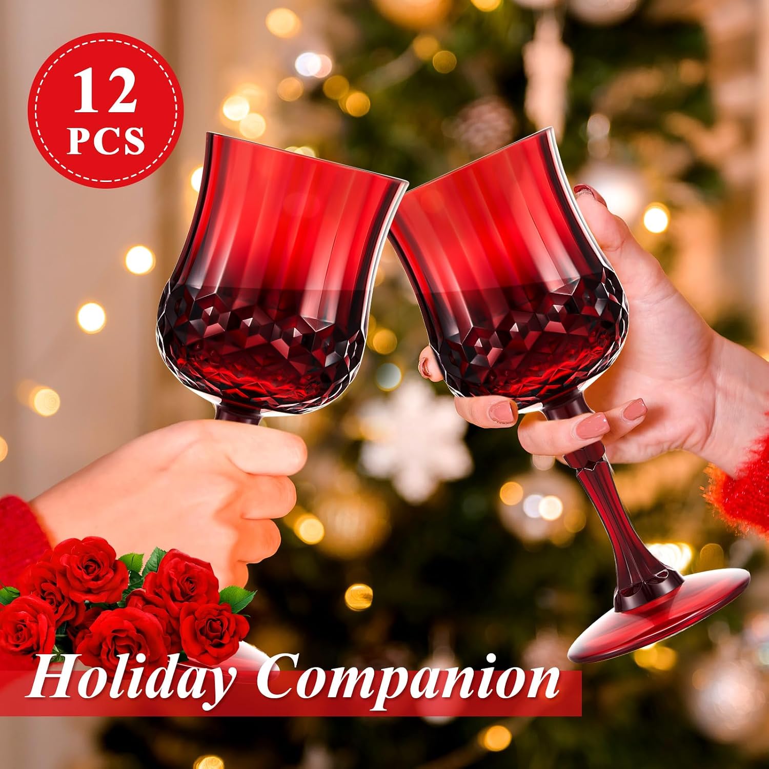 Pinkunn 12 Pcs 7 oz Plastic Vintage Wine Glasses Reusable Colored Goblets Patterned Drinking Water Glasses Cup Dishwasher Safe for Mother's Day Wedding Reception Party Supplies (Red)