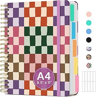 Large Spiral Lined Notebooks for Work with Removable Dividers & Tabs, 8.5"x11" Pretty Hardcover 5 Subject Notebook Journal for Women, College Ruled, Perfect for Study & Office Organization, 280 Pages,Checkered