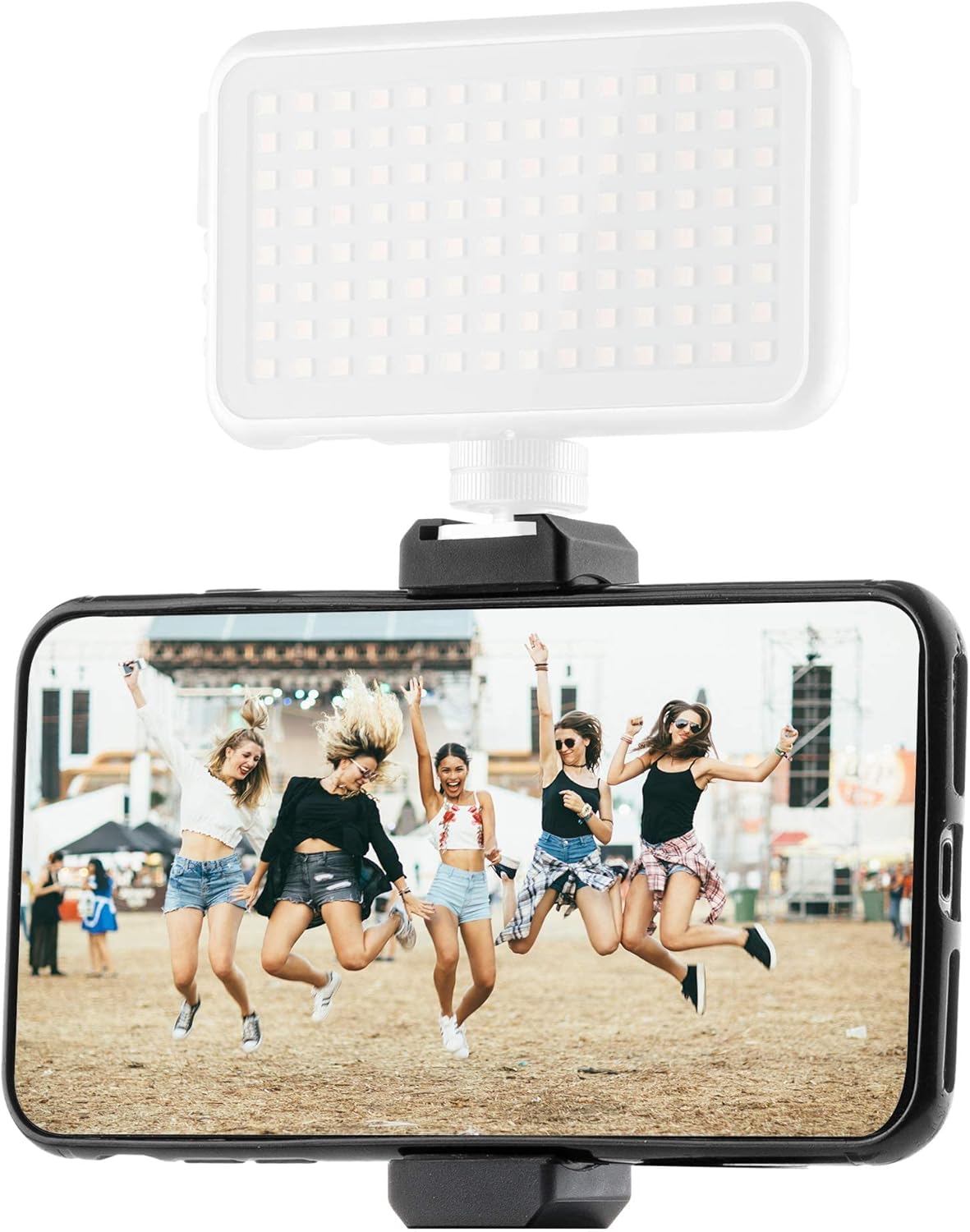 Phone holder with smartphone and attached LED light