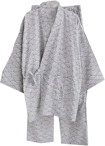 ZEALMAX Kimono Japanese Shirt and Pant, Cotton Linen Loungewear Lounge Set Spa Bathrobe, Gray Waves