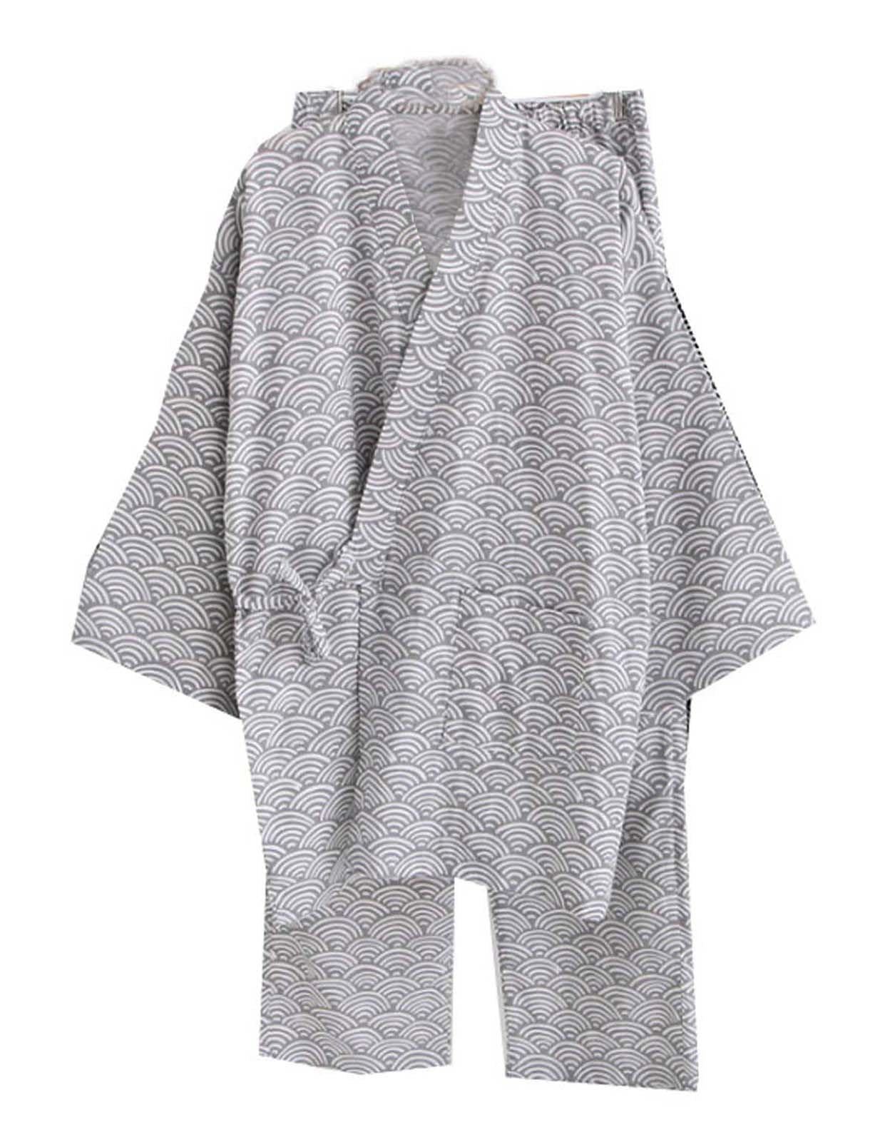 ZEALMAX Kimono japonés camisa y pantalón, ropa de descanso de lino de algodón, conjunto de bata de baño, color gris, talla única
