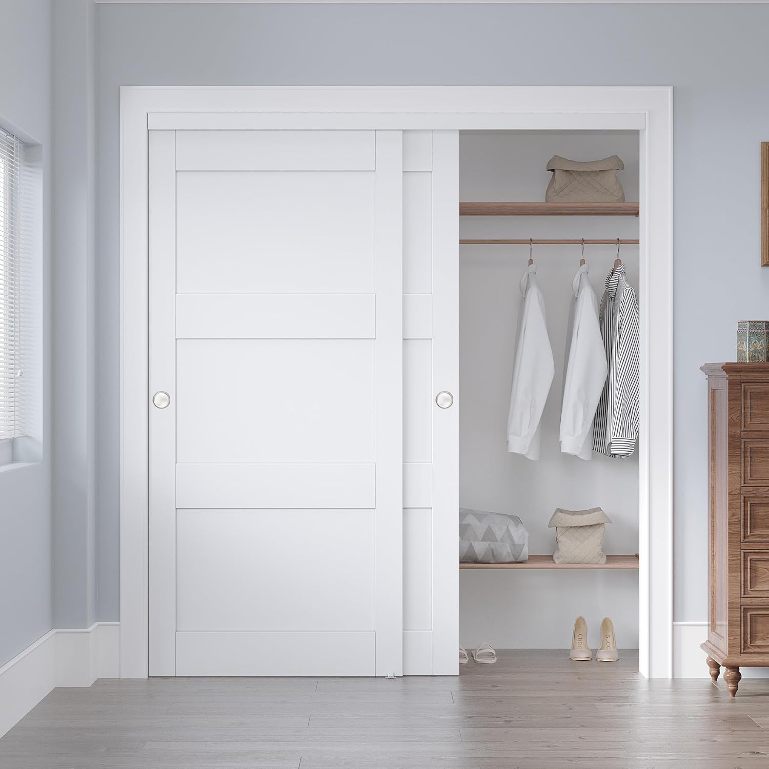 Sliding Closet Door 72"x80", 3-Panel Solid Core Bypass Door with Hardware Kit & Floor Guide & Handles, Paintable Pre-Drilled MDF Doors Slab for Bedroom, Need to Assemble, Primed