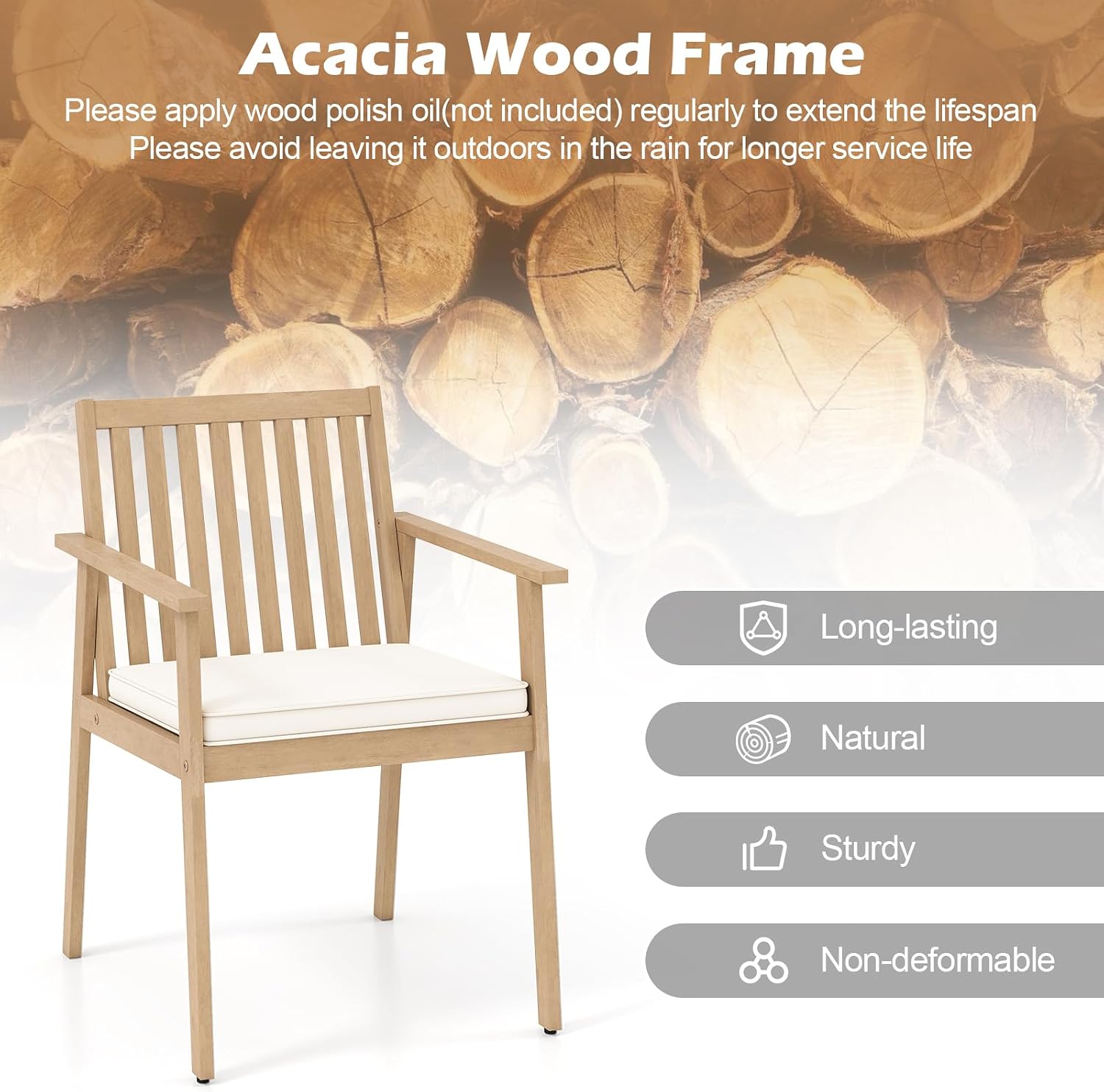 Tangkula Acacia Wood Patio Dining Chairs Set of 4, Outdoor Chairs with Removable Padded Cushion, Armrests & 400 LBS Weight Capacity, Outside Bistro Chairs for Garden, Poolside, Yard, Desk (Oak)