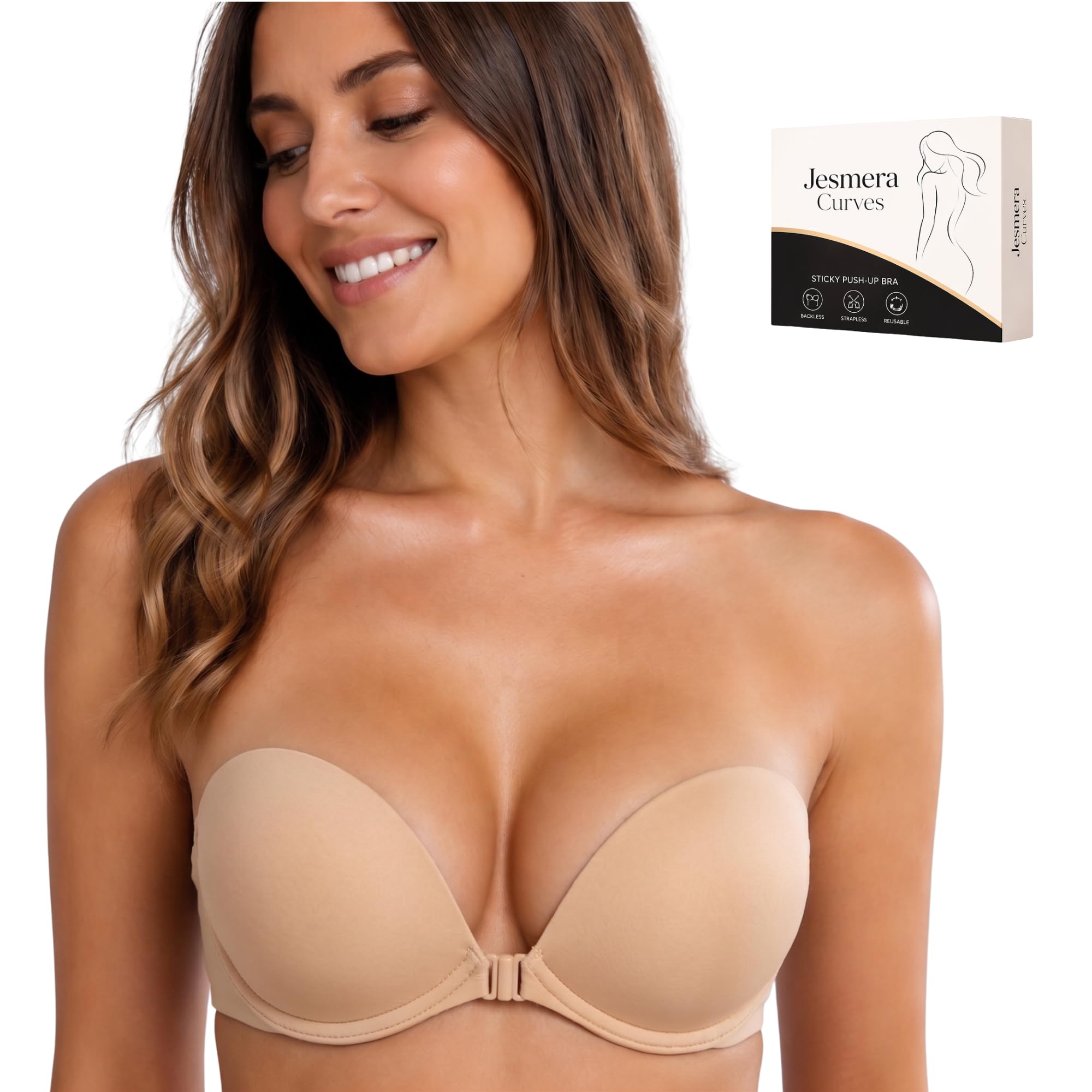 Jesmera Curves Strapless Sticky Support for Women, Invisible Backless Adhesive, Push Up Silicone Stick On, Reusable Seamless Wear with Nipple Covers-picture-13