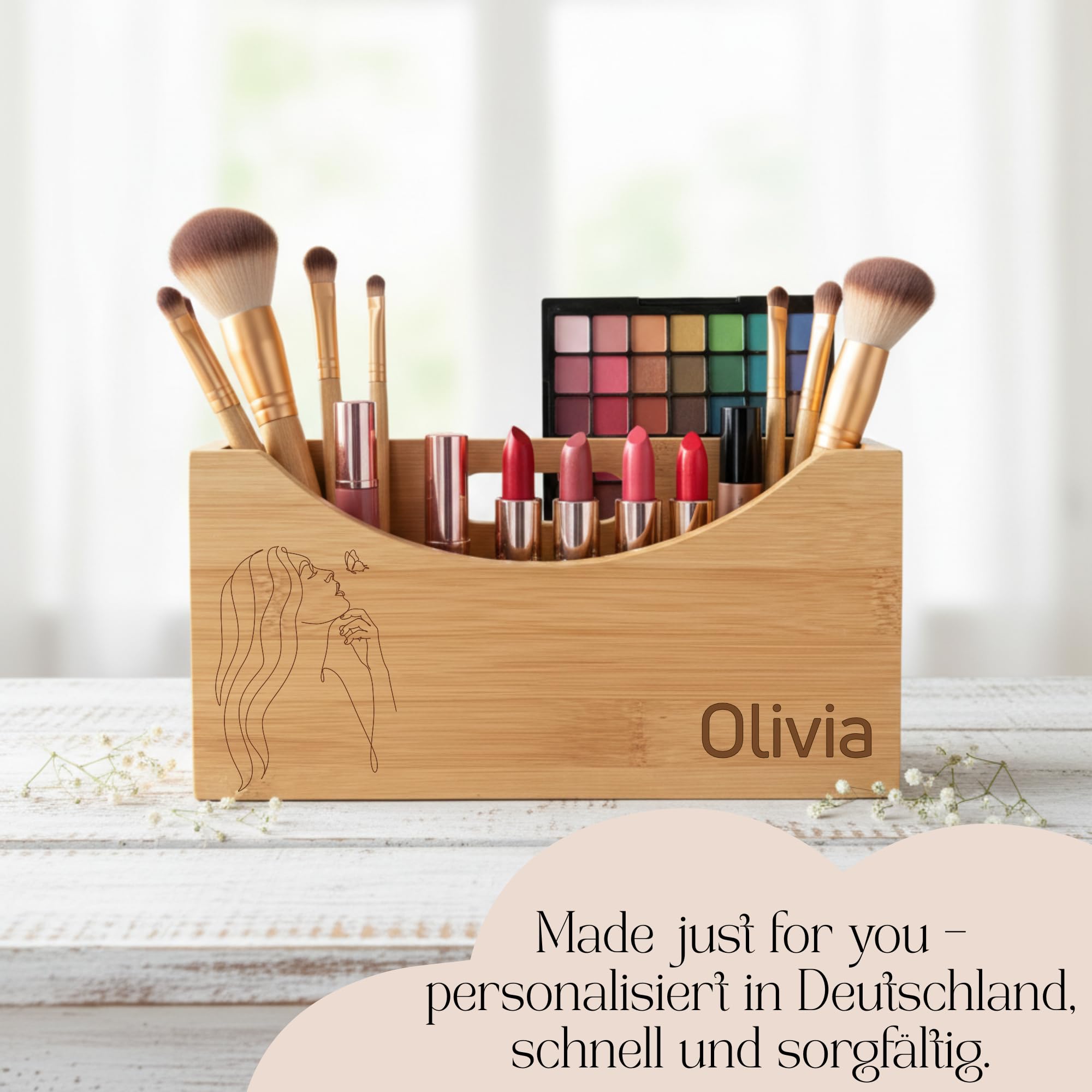 Kosmetik Organizer Bambus personalisiert – Beauty Box mit Gravur (Name), Make-up Ordnungssystem für Pinsel, Lippenstifte, Mascara & Accessoires, Geschenkidee Geburtstag & Weihnachten