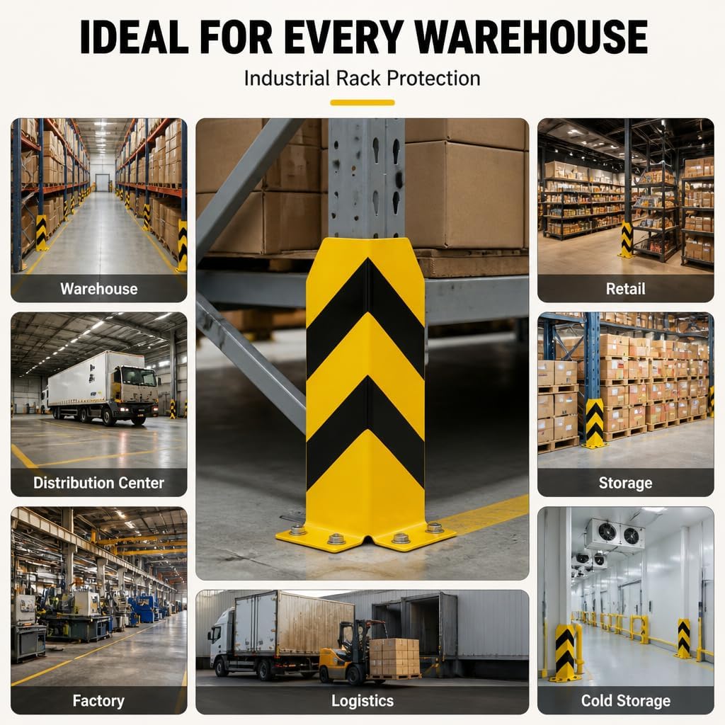 12 Inch Pallet Rack Post Protectors, Safety Yellow Steel Guard, Heavy Duty Frame Edge Protectors for Warehouse Racking, Stripe Style, 2 Pack