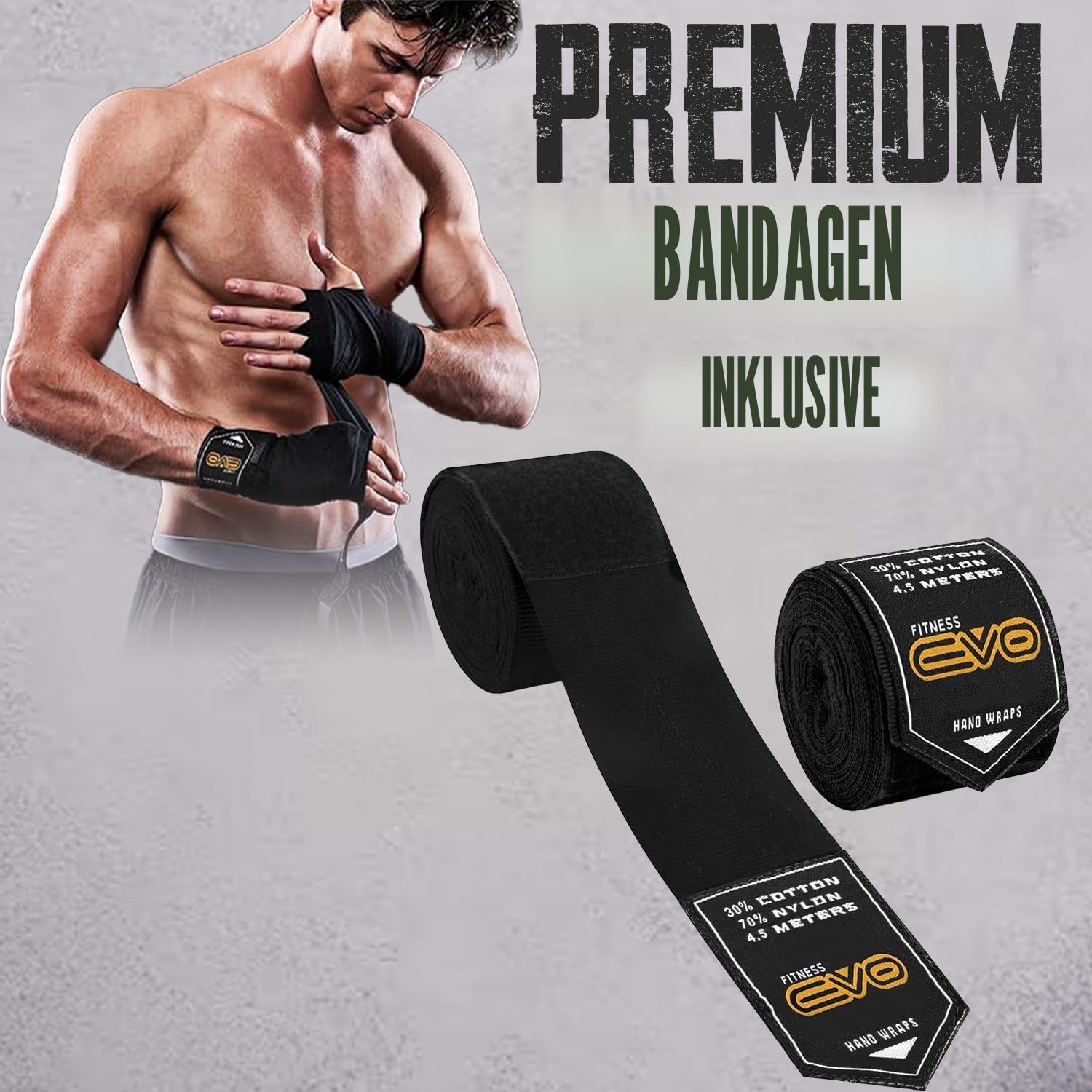 EVO Fitness Boxhandschuhe Mit Handbandagen Für Herren Und Damen, Mit Leder Pro Gel Für Muay Thai MMA Kickboxen Sparring Kampftraining Boxing Gloves Martial Arts Box Handschuhe Box Sack