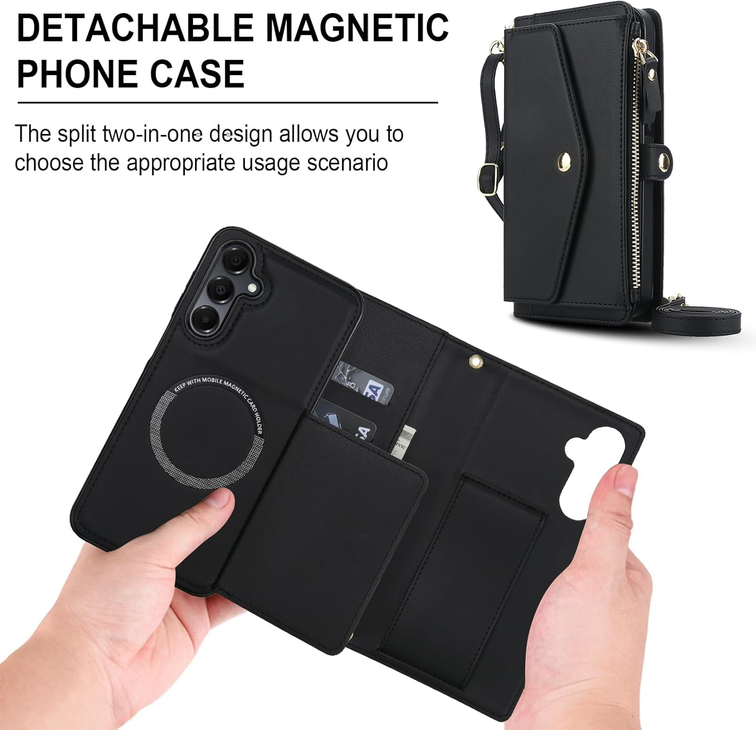 Phone Case for Samsung Galaxy A16 5G/4G Wallet Cover Compatible with Magsafe RFID Screen Protector Crossbody Lanyard Strap Flip Card Holder Slot Zipper Cell Purse A 16 16A SM-A166U A165M Black