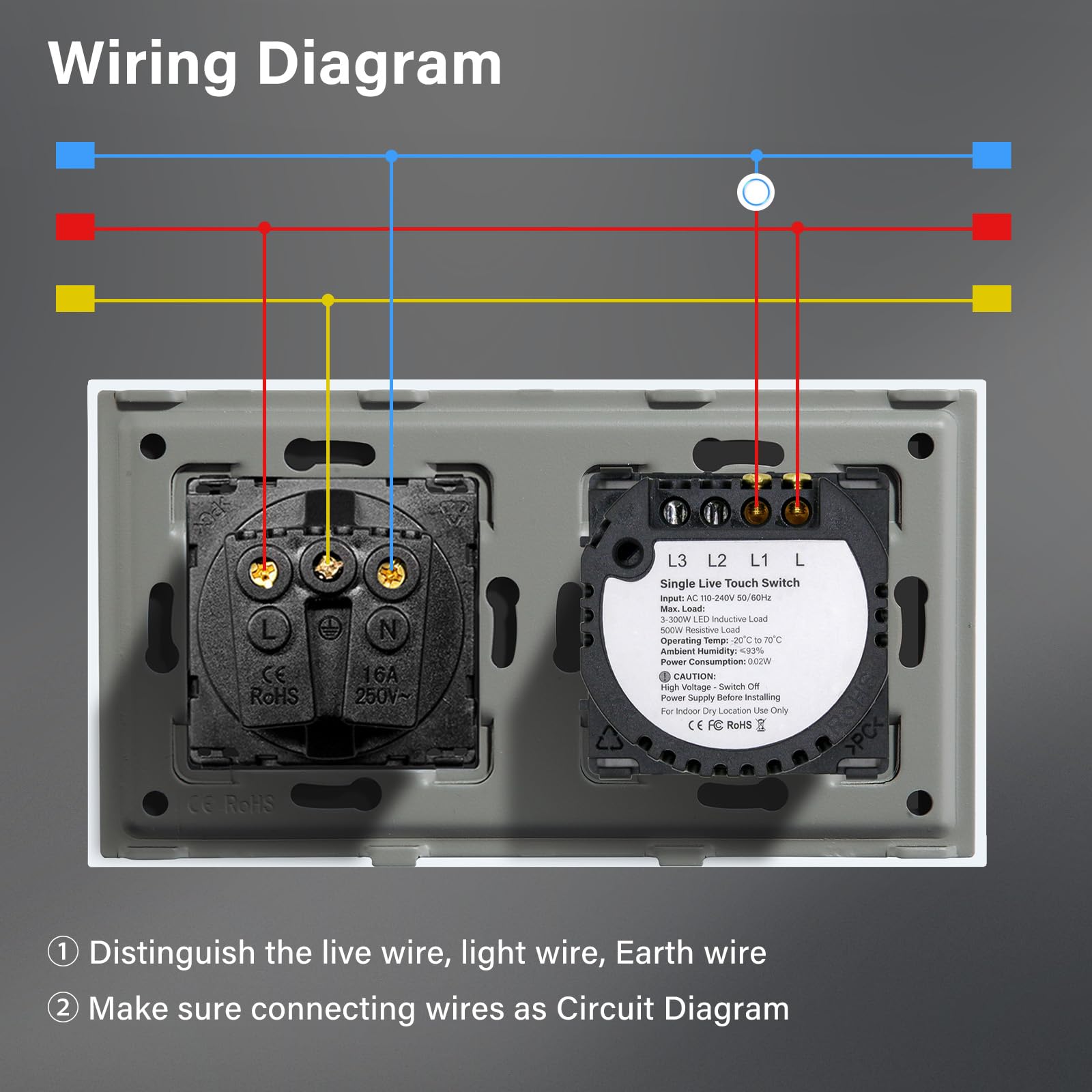 BSEED Interruptor táctil y enchufe pared,Panel de Vidrio con pulsador LED,Conmutador Modernos,Sin Función Wifi,1 Gang 1 Vía+1 Enchufe,157mm Blanco — view 6