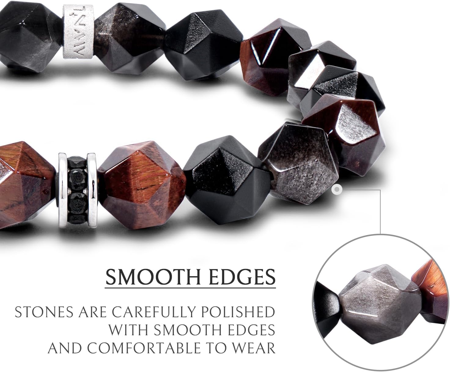 AWNL Beaded Bracelet for Men Tiger Eye Onyx Obsidian Natural Gemstones (10 mm) Premium Sterling Silver Centre Protection Charm Handmade Stretch Bracelet Gift for Men, 5.9''- 8''
