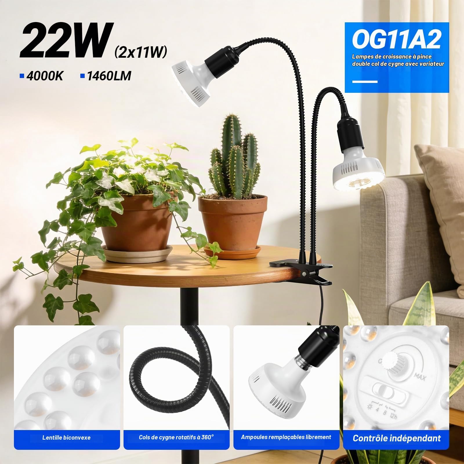 Barrina Orbgrow OG11A2 Lampes Horticoles à Pince, 4000K 22W, 2Bras Flexible