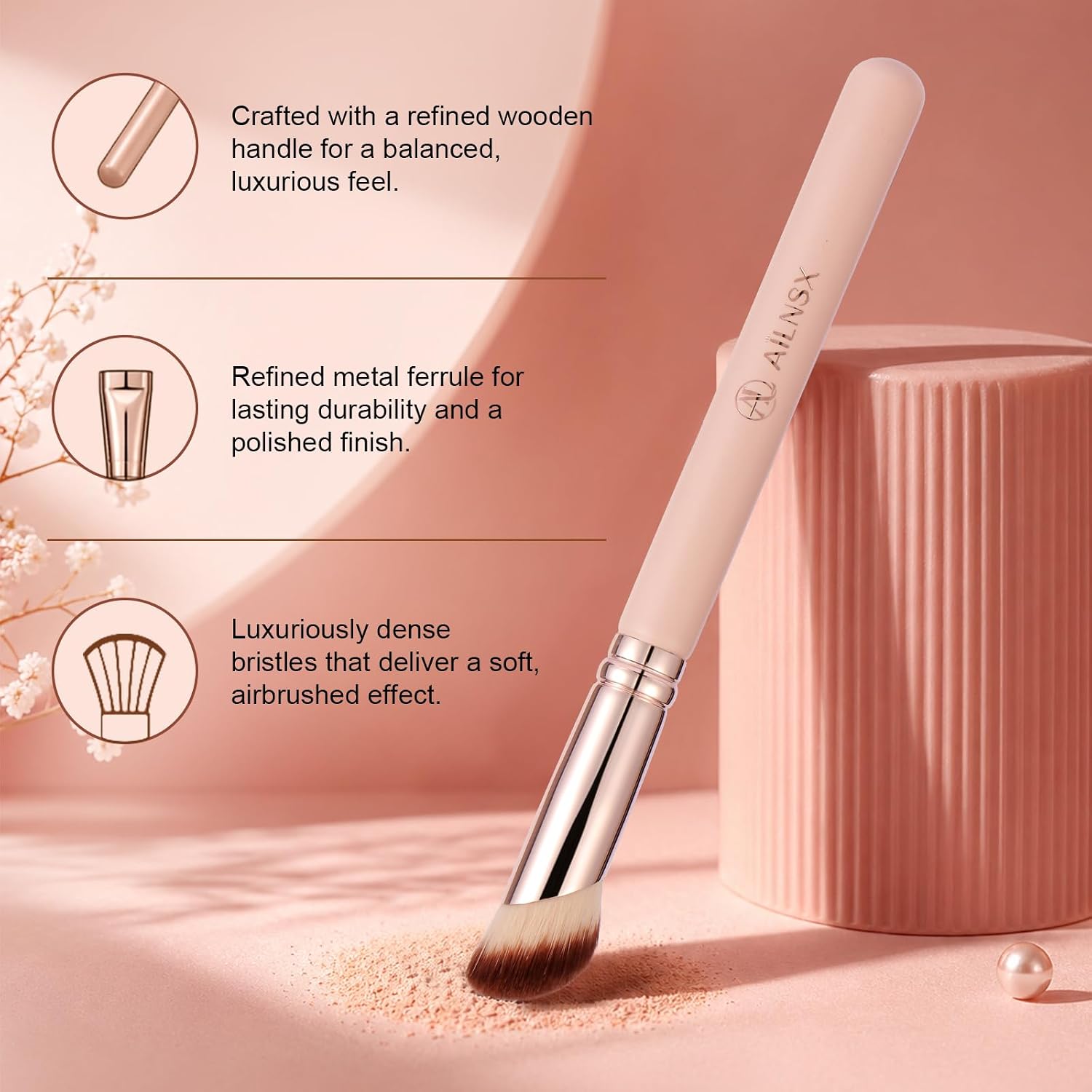 Angled Makeup Brush, Soft Dense Face Brush for Foundation, Concealer, Contour, Cream Blush and Powder, Slanted Blending Brush with Pink Handle and Rose Gold Ferrule