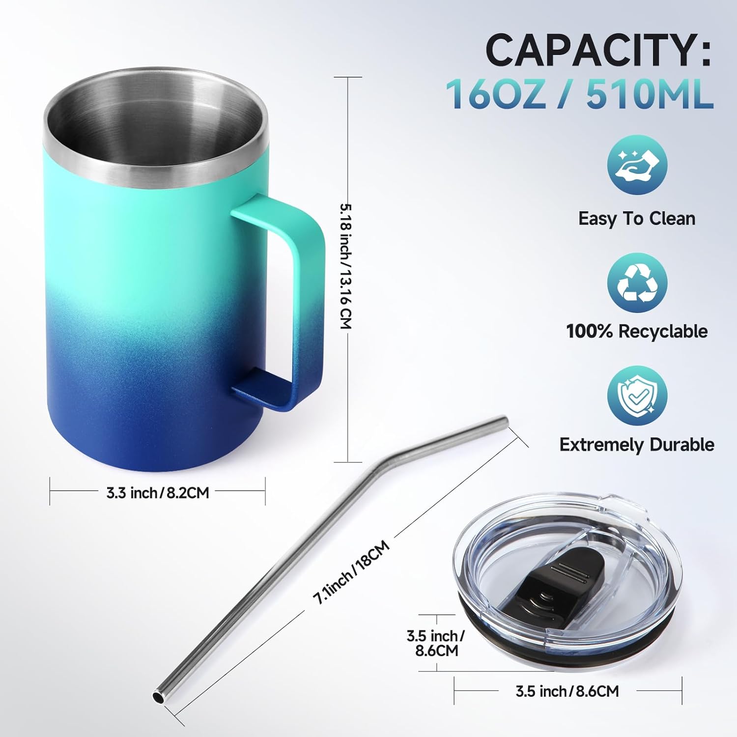 Volhoply 16oz Insulated Coffee Mug with Lid and Straw, Stainless Steel Travel Mugs with Handle, Double Wall Vacuum Leak Proof Coffee Tumbler Cup (Green Blue,1) - Image 3