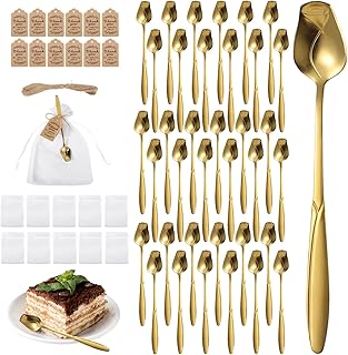 50 Sets Rose Flower Shaped Tea Spoons, Wedding Party Favors for 50 Guests, Golden Rose Dessert Spoon with Thank You Tag & Organza Bag, Exquisite Mini Teaspoon Set, Bridal Shower Keepsakes