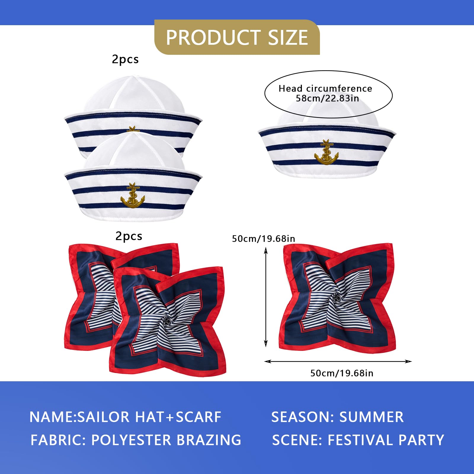 Set Cappello E Sciarpa Marinaio - Righe Blu E Bianche Con Bordo Rosso, Per Costumi E Feste
