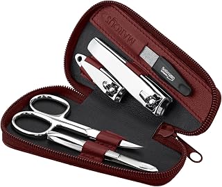 Marqus Manicure Set for Women and Men - 5 Piece Grooming Kit - File and Tweezers by Solingen - Genuine Leather Case - Perfect for Travel, Red