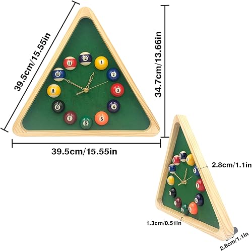 Miniatura 5 de Yuanhe Reloj de billar con bola de billar – Reloj de pared triangular de 14 pulgadas con marco de madera maciza, ideal para sala de billar, sala de
