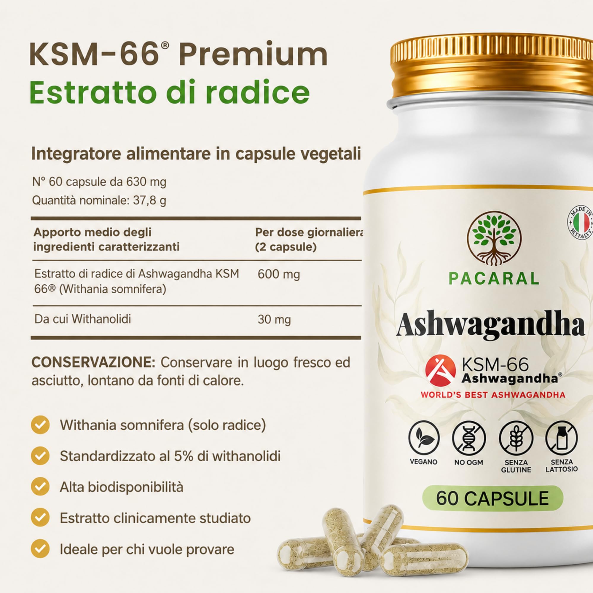 Ashwagandha KSM-66 Alto Dosaggio Pura - 180 Capsule Vegane fino a 6 Mesi di Scorta, Integratore 5% Withanolidi – Stress, Sonno, Benessere, Withania Somnifera - Prodotto in Italia PACARAL