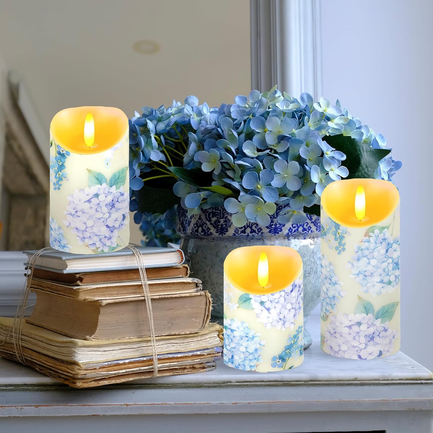 3 Pcs Hydrangea Flameless Candles Wedding Table Centerpiece Chinoiserie Candles Hydrangea Floral Printed Faux Candles with Remote Timer for Wedding Easter Home Holiday Table Decor