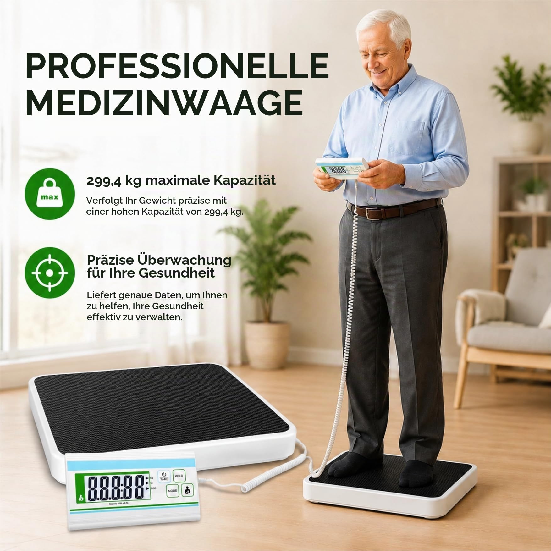 Medizinische Personenwaage 300 kg – Digitale Waage mit leicht ablesbarem Display, 34x30 cm große Plattform, für Krankenhaus, Praxis, Fitnessstudio und Haushalt