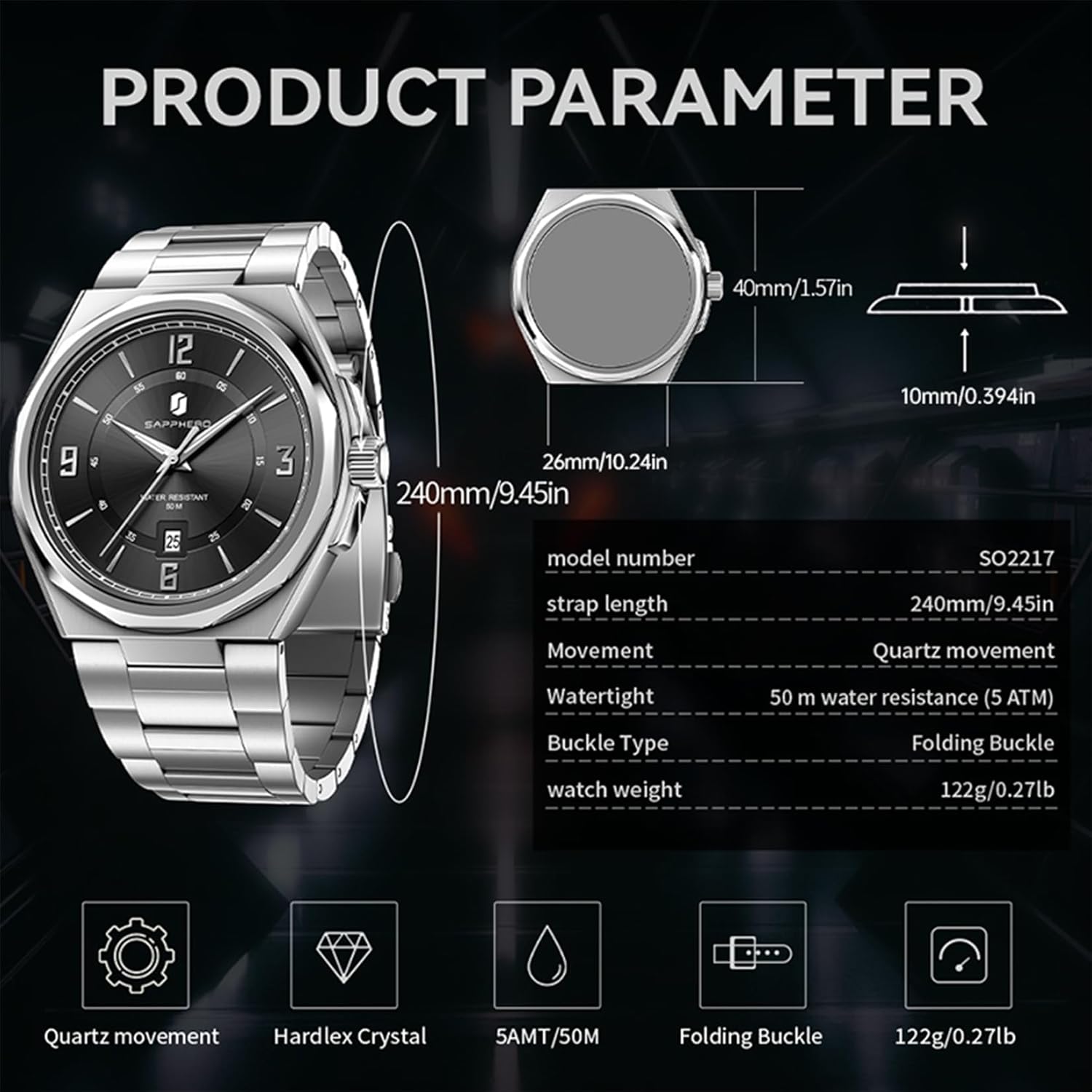 SAPPHERO Watches for Men Arabic Numeral Dial Quartz Wristwatch 50M Waterproof Luminous Watches Mens Watch Work Sport Casual Dress Watch with Stainless Steel Strap Elegant Gifts for Men