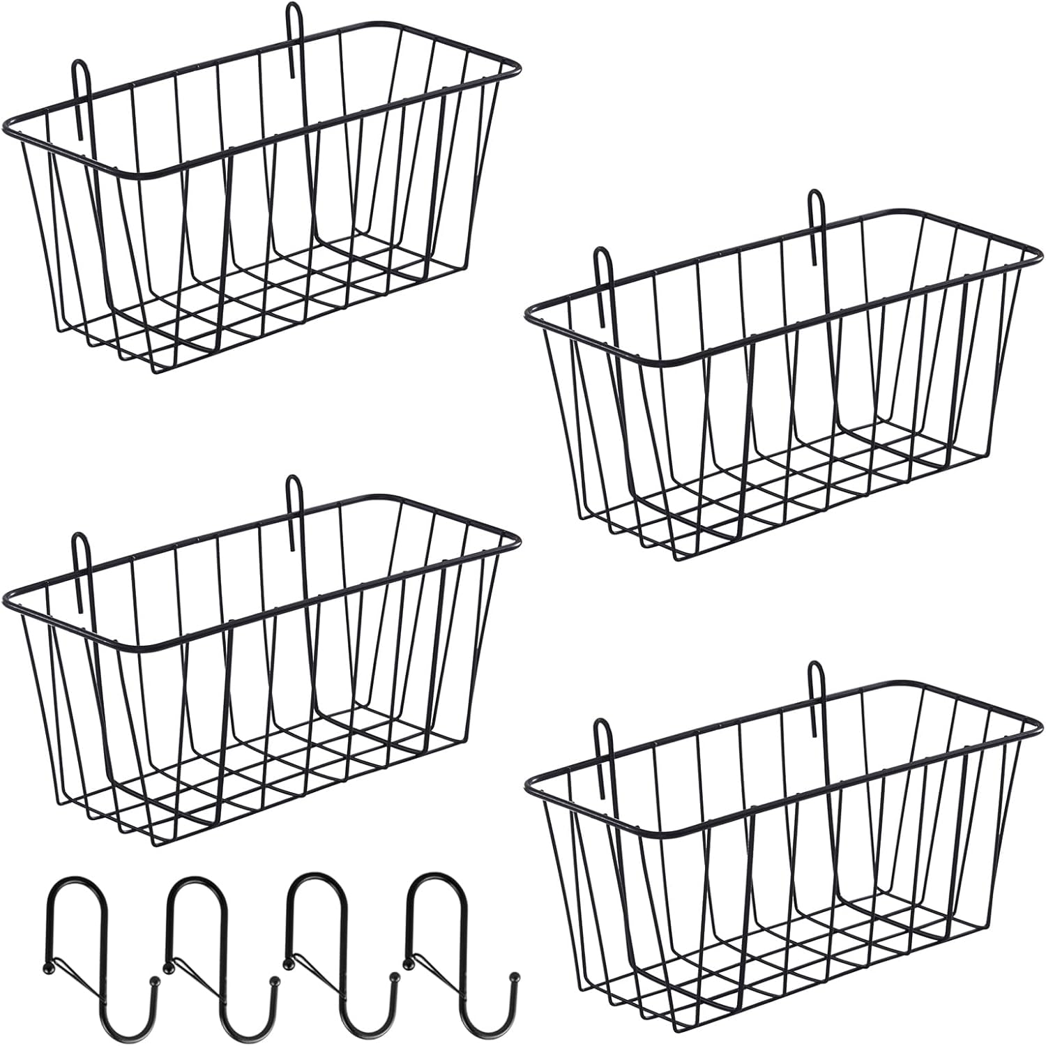 4 Pack Large Grid Wall Baskets with S-Hook - Gridwall Accessories Set Black Metal Hanging Shelf Basket Bins Organizer - Modular Storage Holders for Photo Display Panel Shelving Caddy for Garage