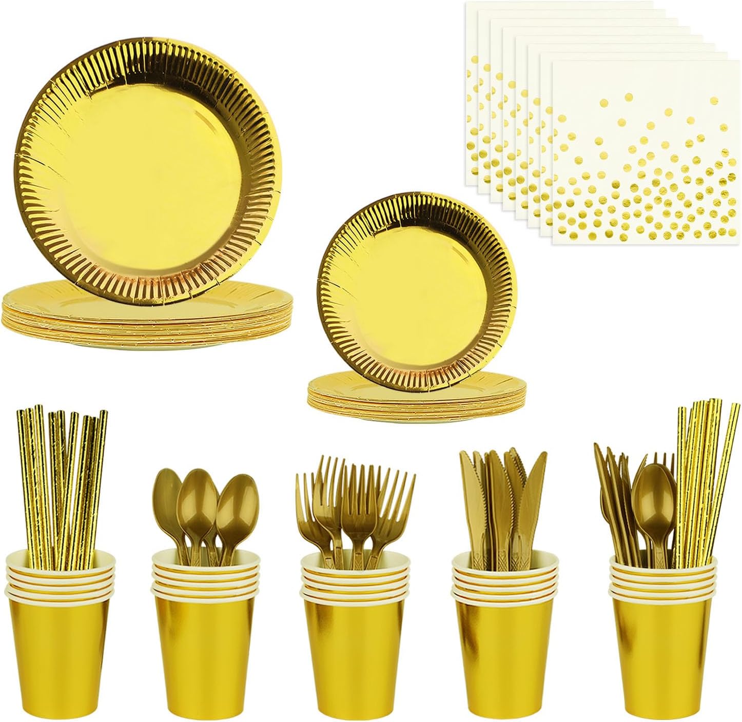 200 Pcs Gold Party Supplies,Disposable Tableware Set,Include Plates Cups knives,forks,spoons,straws and Napkins,Gold Paper Plates Set for Wedding Anniversary Birthday Bridal Shower Party,Serve 25
